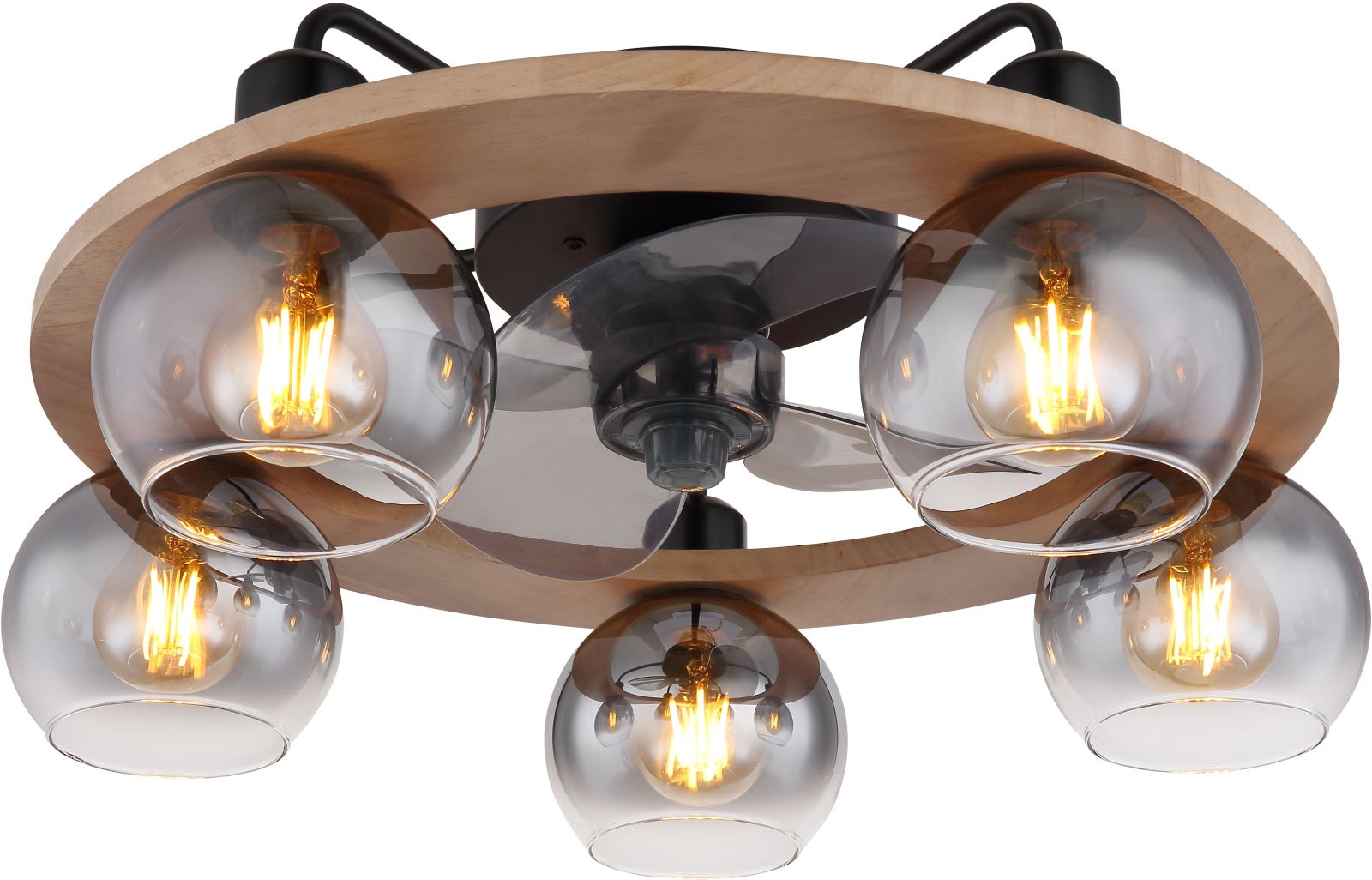 Ventilator - holzfarben - schwarz matt - 5-flammig