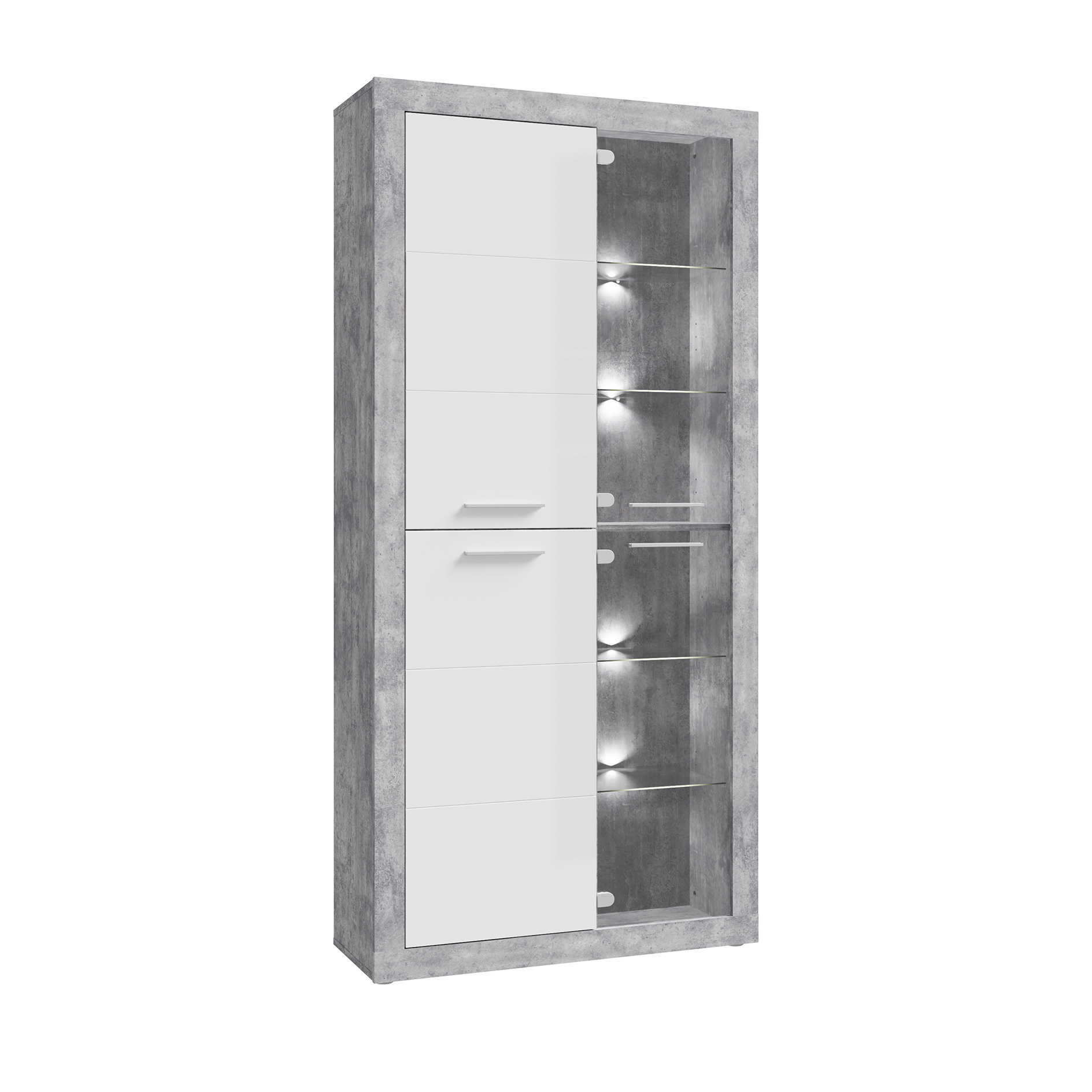 Vitrine - Betonoptik - weiss Hochglanz - mit Beleuchtung