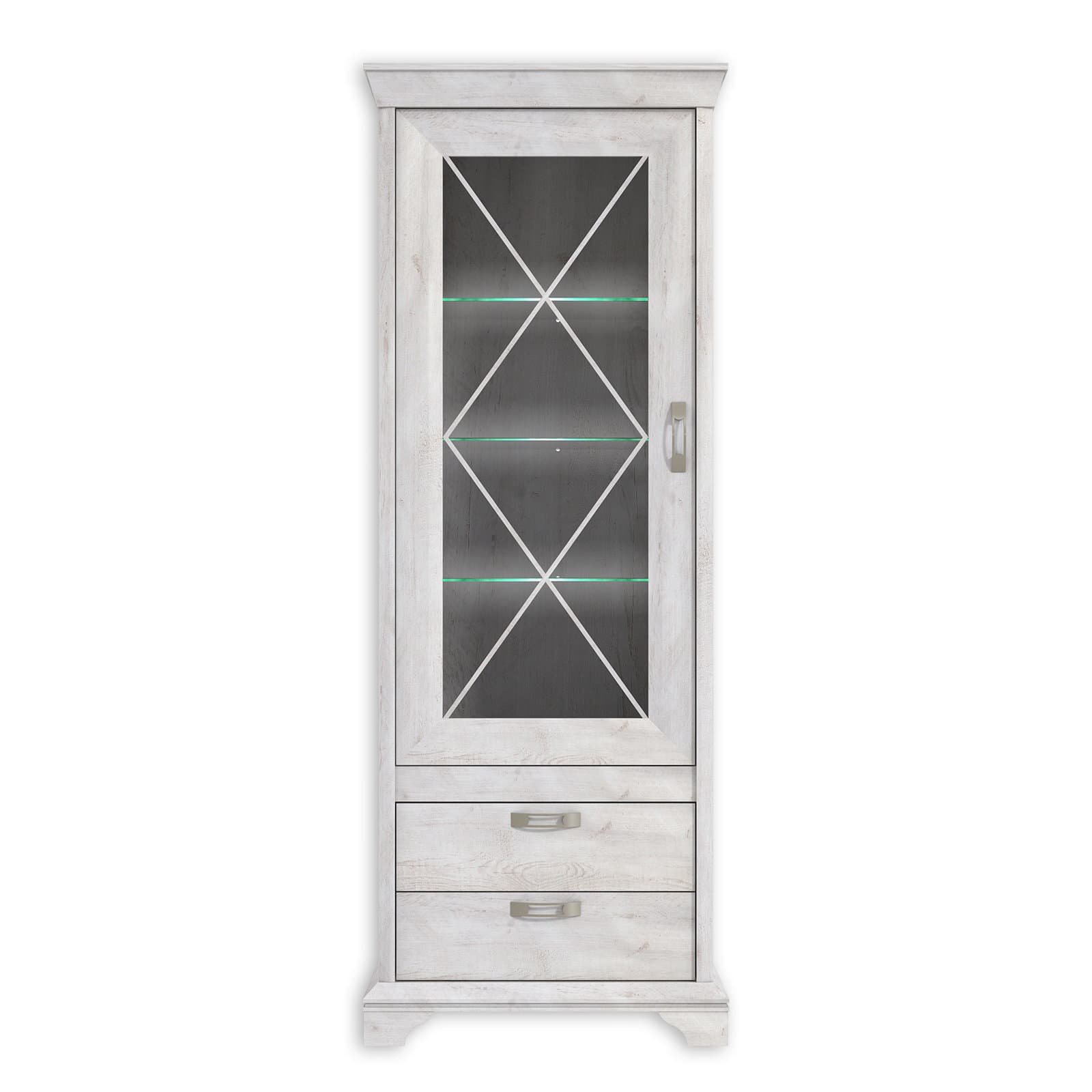 Vitrine hoch - Pinie weiß - 2 Schubkästen