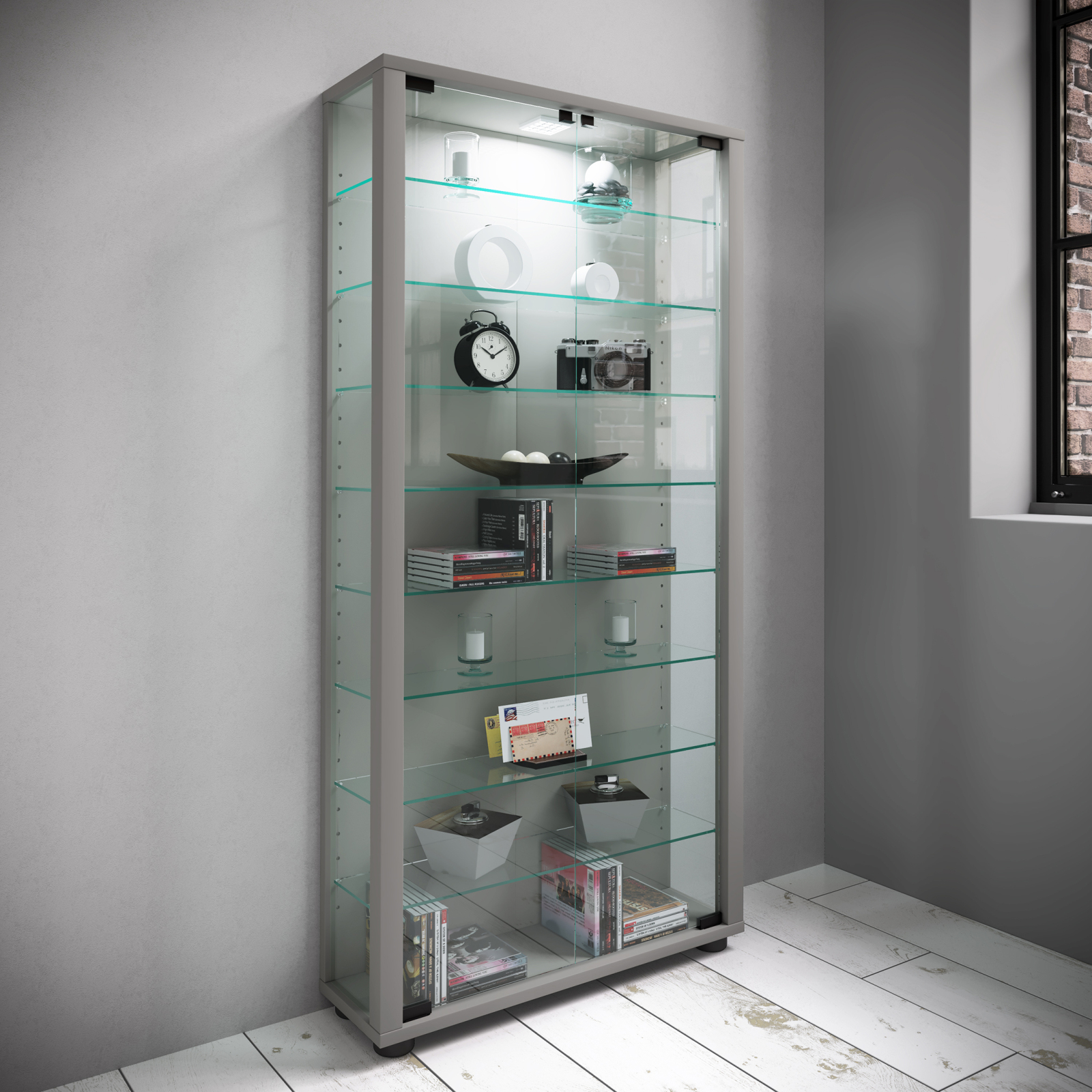 Vitrine LUMO MAXI - silber - mit LED-Beleuchtung - 59 cm