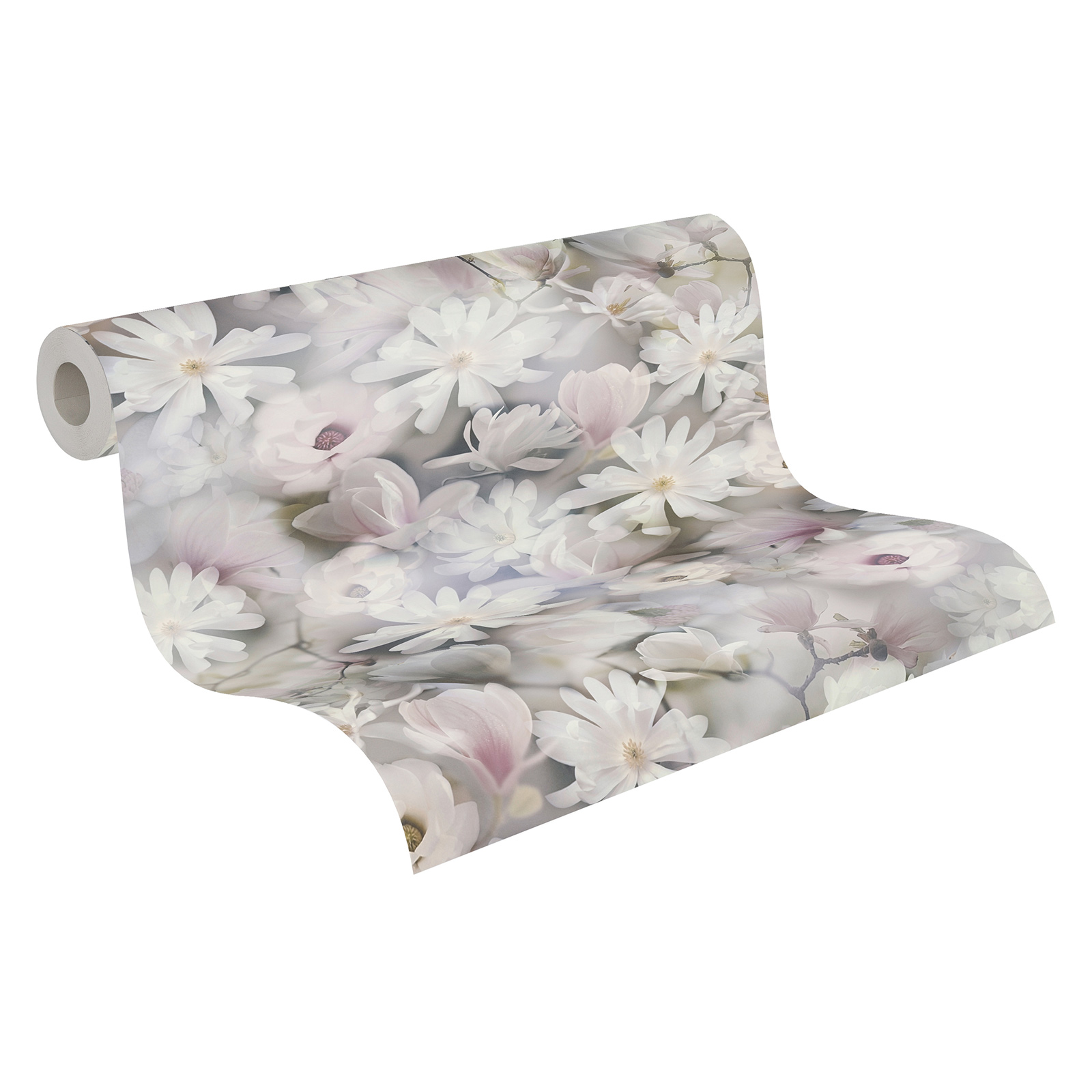 Vliestapete PINTWALLS - weiß-grau-rosa - Floral - 10 Meter