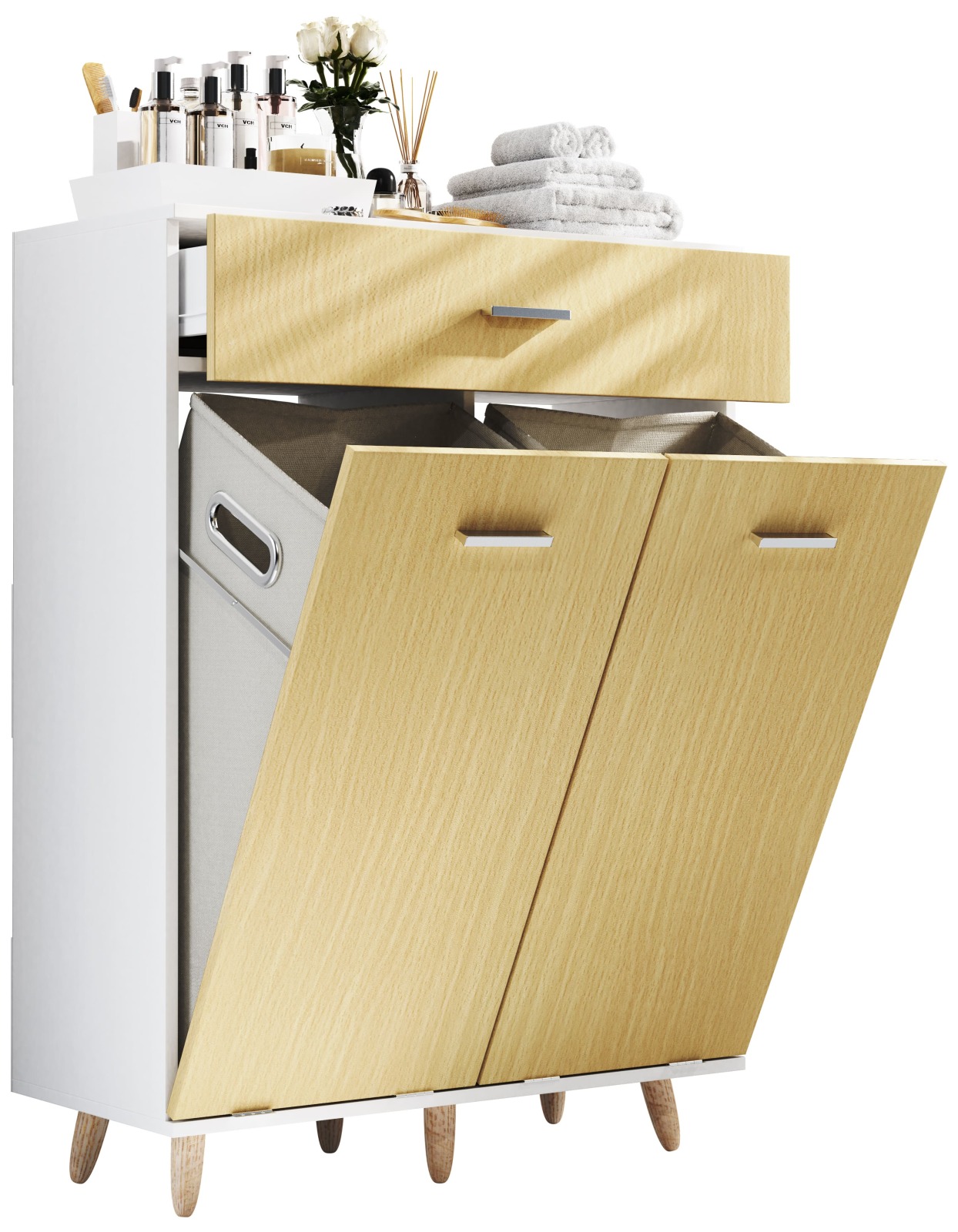 Wäscheschrank LANDOS M - weiß - Honig Eiche - 2 Klapptüren