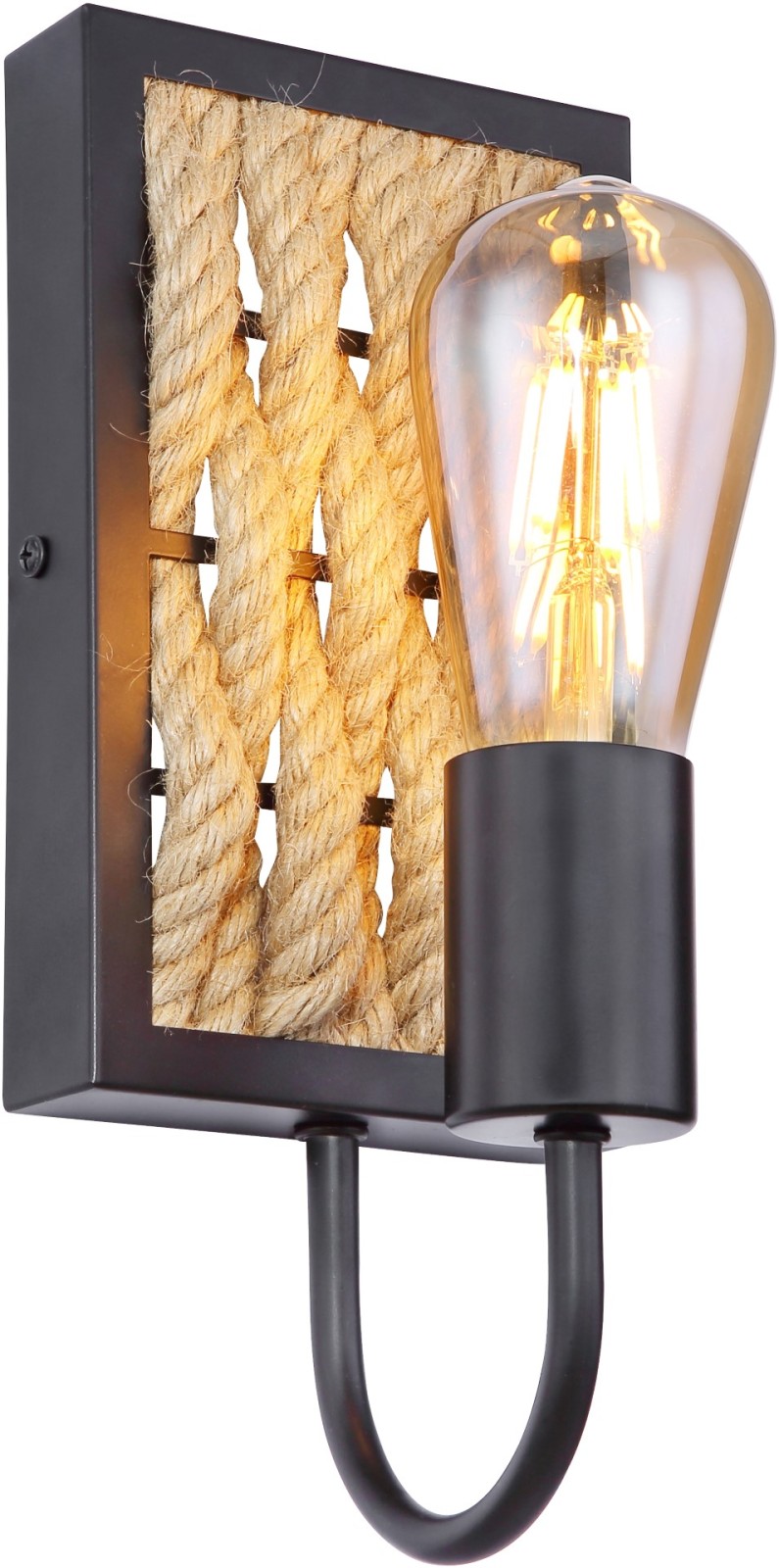 Wandlampe - schwarz matt - braun - Hanfseil - 28 cm