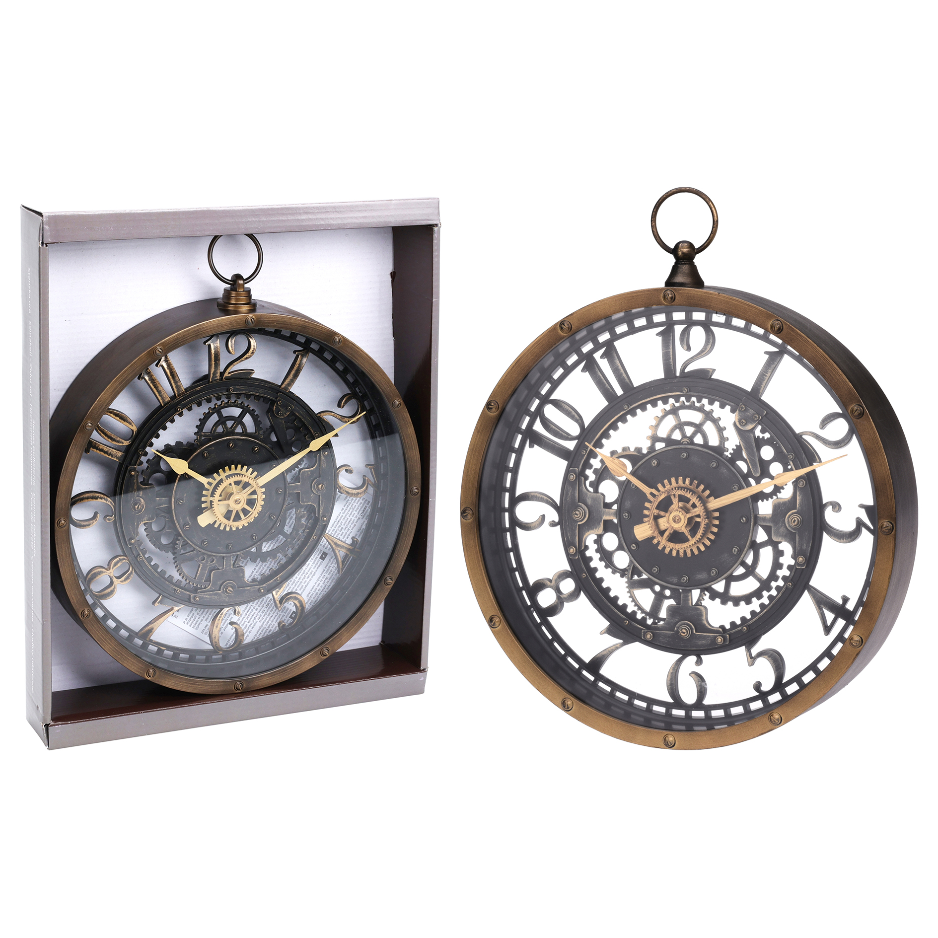 Wanduhr - schwarz-braun-gold - mit Sichtmechanismus