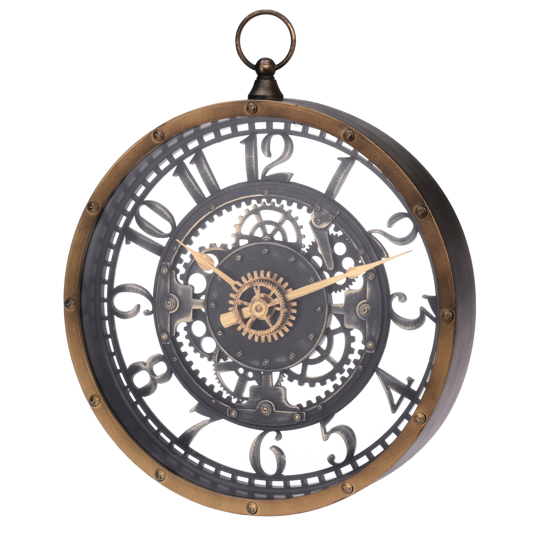 Wanduhr - schwarz-braun-gold - mit Sichtmechanismus
