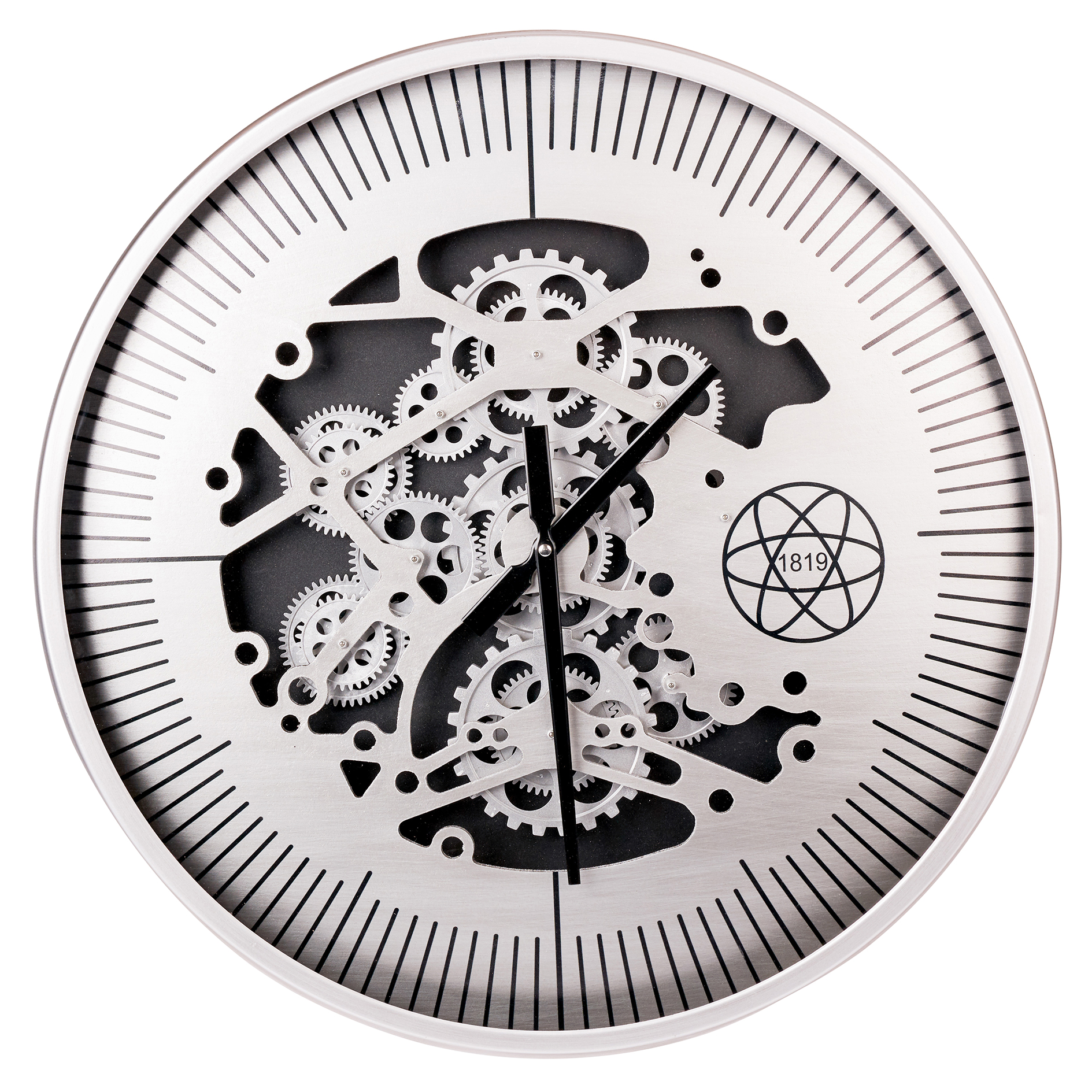 Wanduhr - silber-schwarz - bewegliche Zahnräder - Ø 60 cm