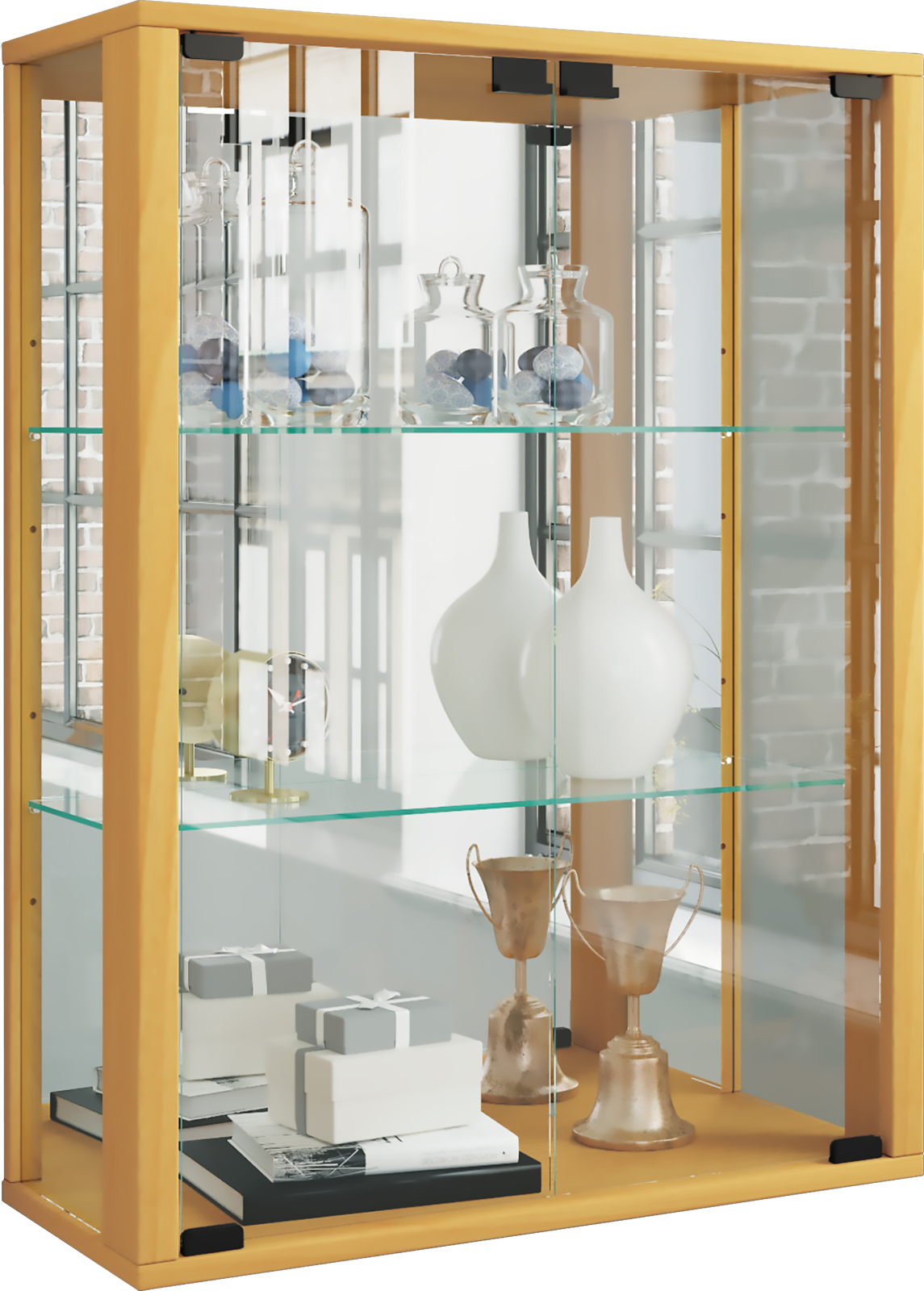 Wandvitrine UDINA - Buche - Rückwandspiegel - LED-Beleuchtung