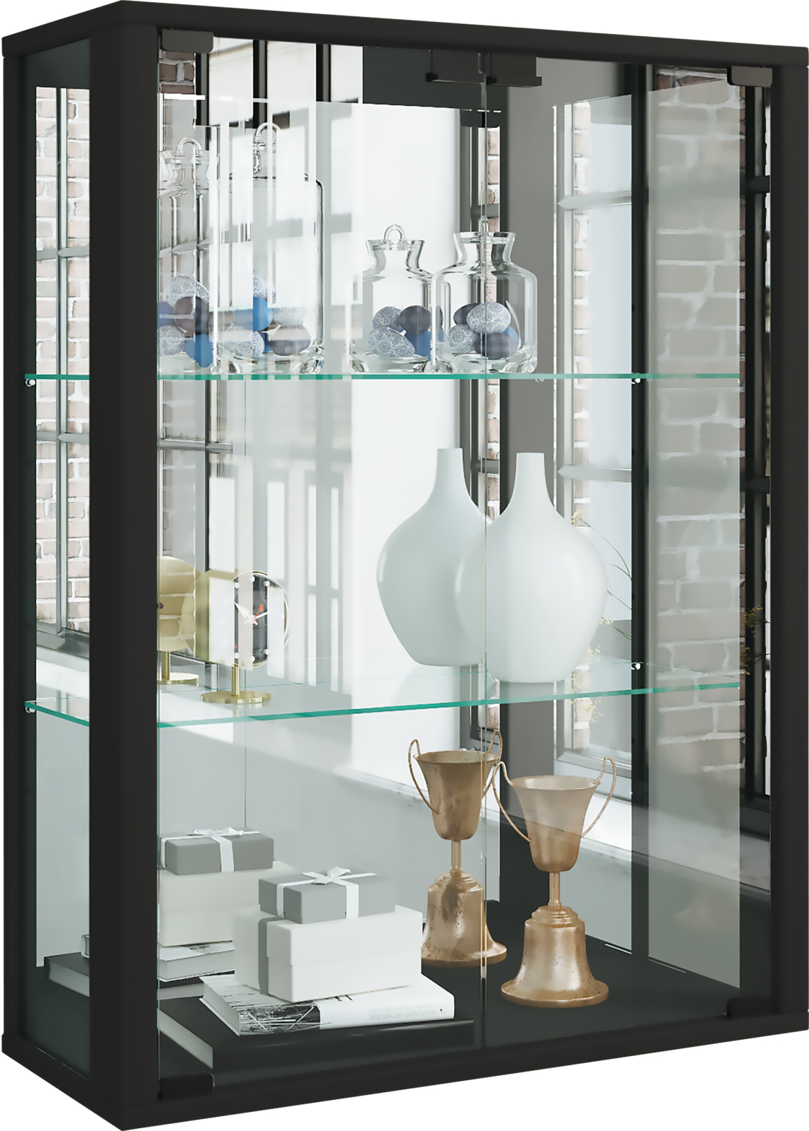 Wandvitrine UDINA - schwarz - mit Rückwandspiegel - 60 cm