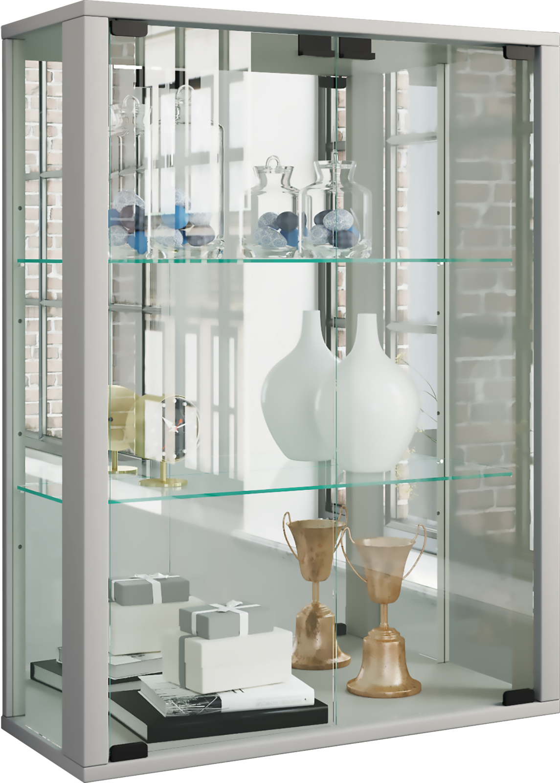Wandvitrine UDINA - silber - mit Rückwandspiegel - 60 cm