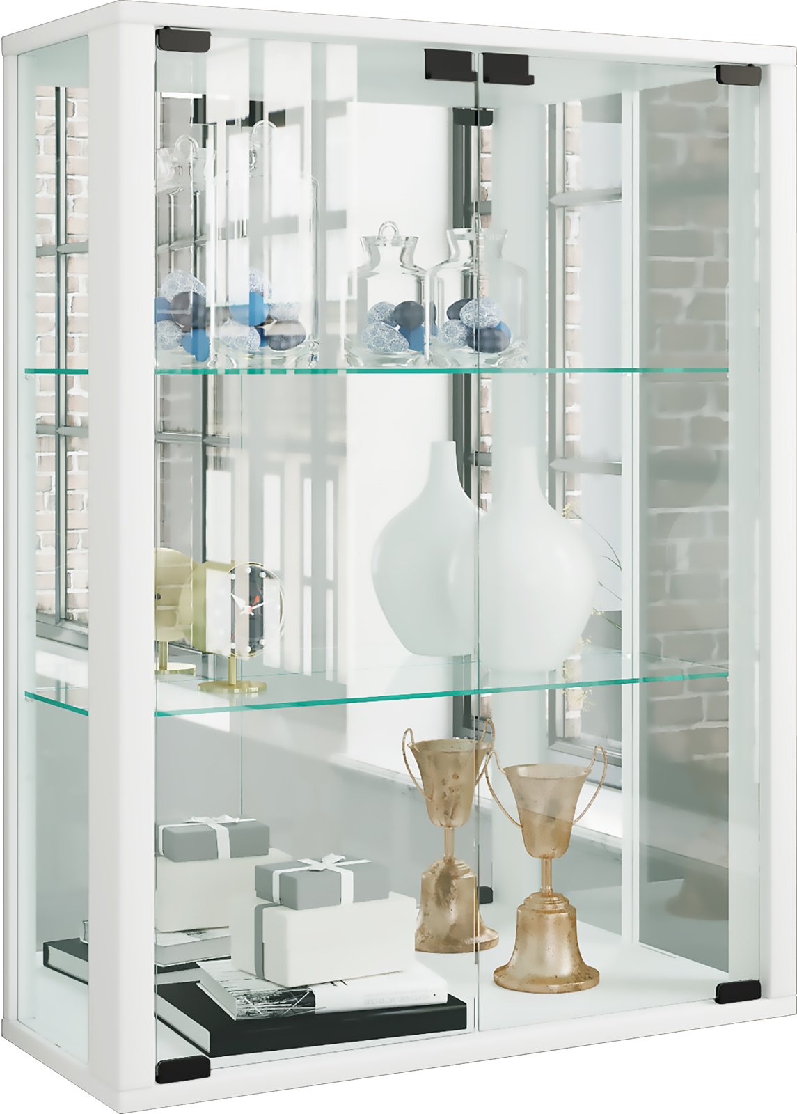Wandvitrine UDINA - weiß - Rückwandspiegel - LED-Beleuchtung