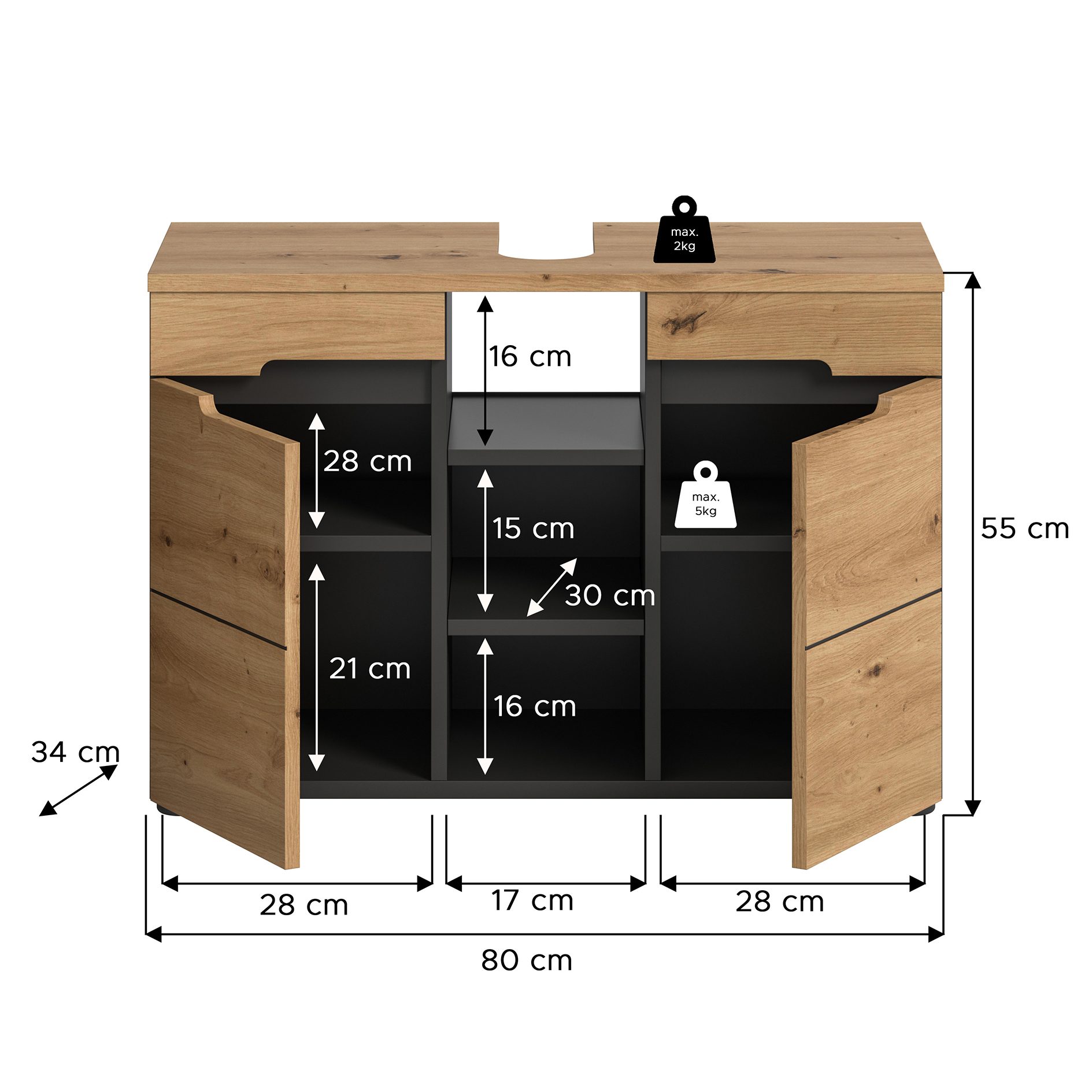 Waschbeckenunterschrank CANU - Artisan Eiche - Basalt grau - 80 cm breit