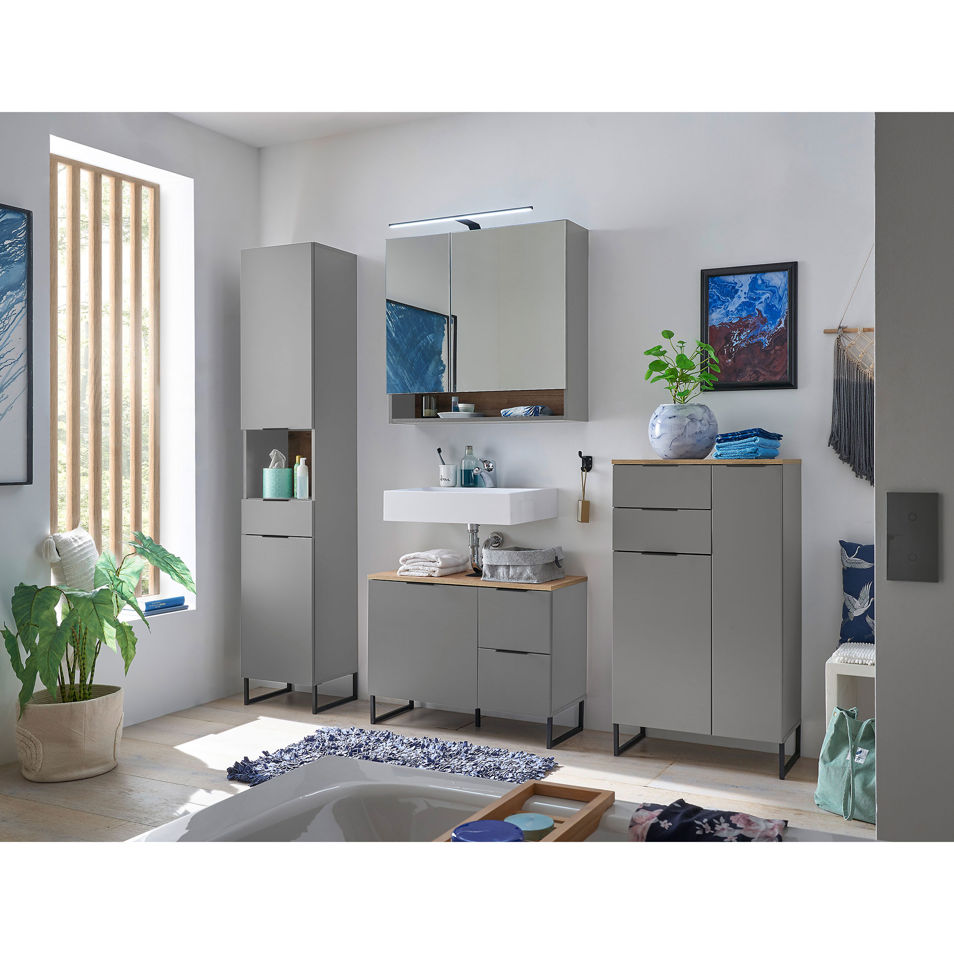 Waschbeckenunterschrank - grau matt - Evoke Eiche - 80 cm