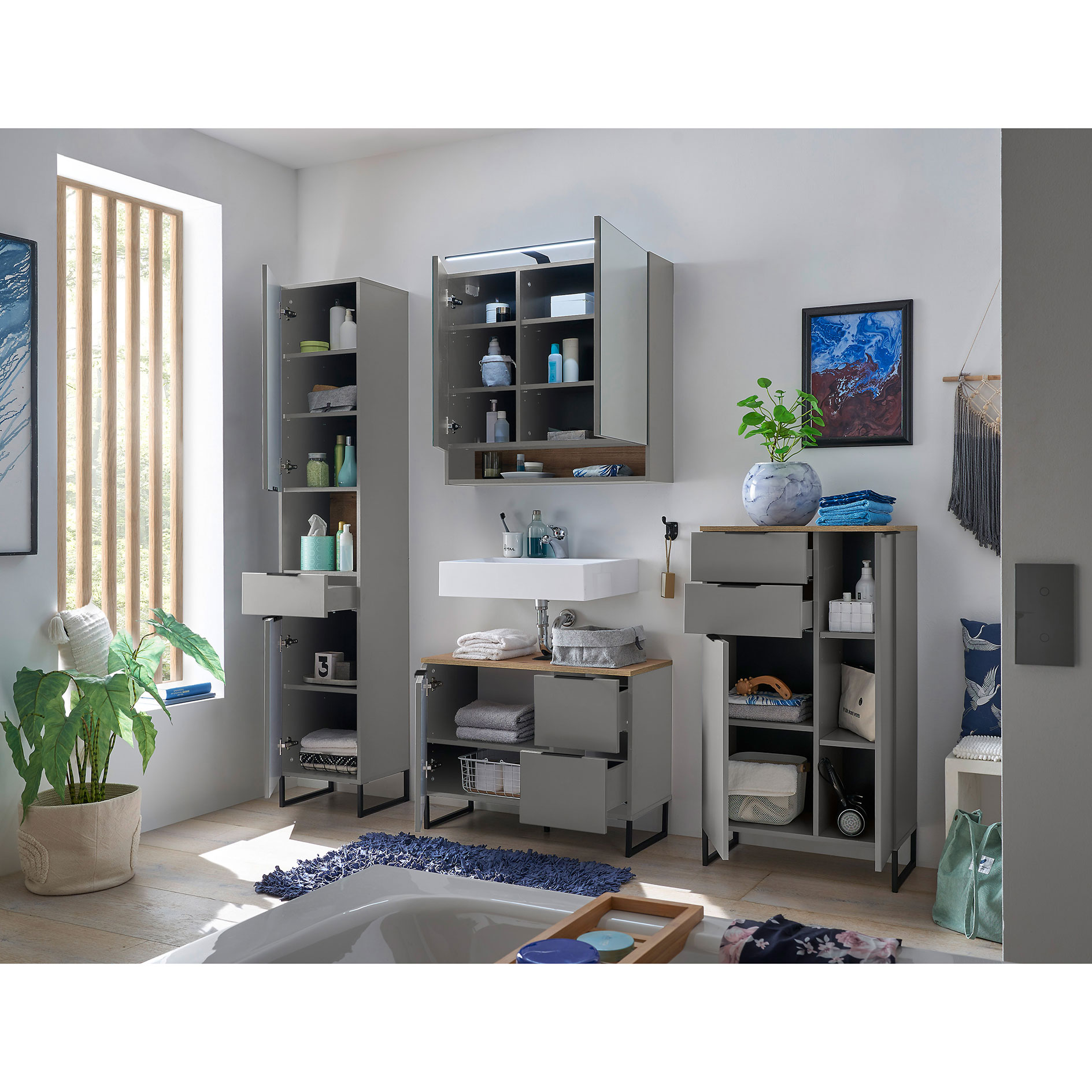 Waschbeckenunterschrank - grau matt - Evoke Eiche - 80 cm