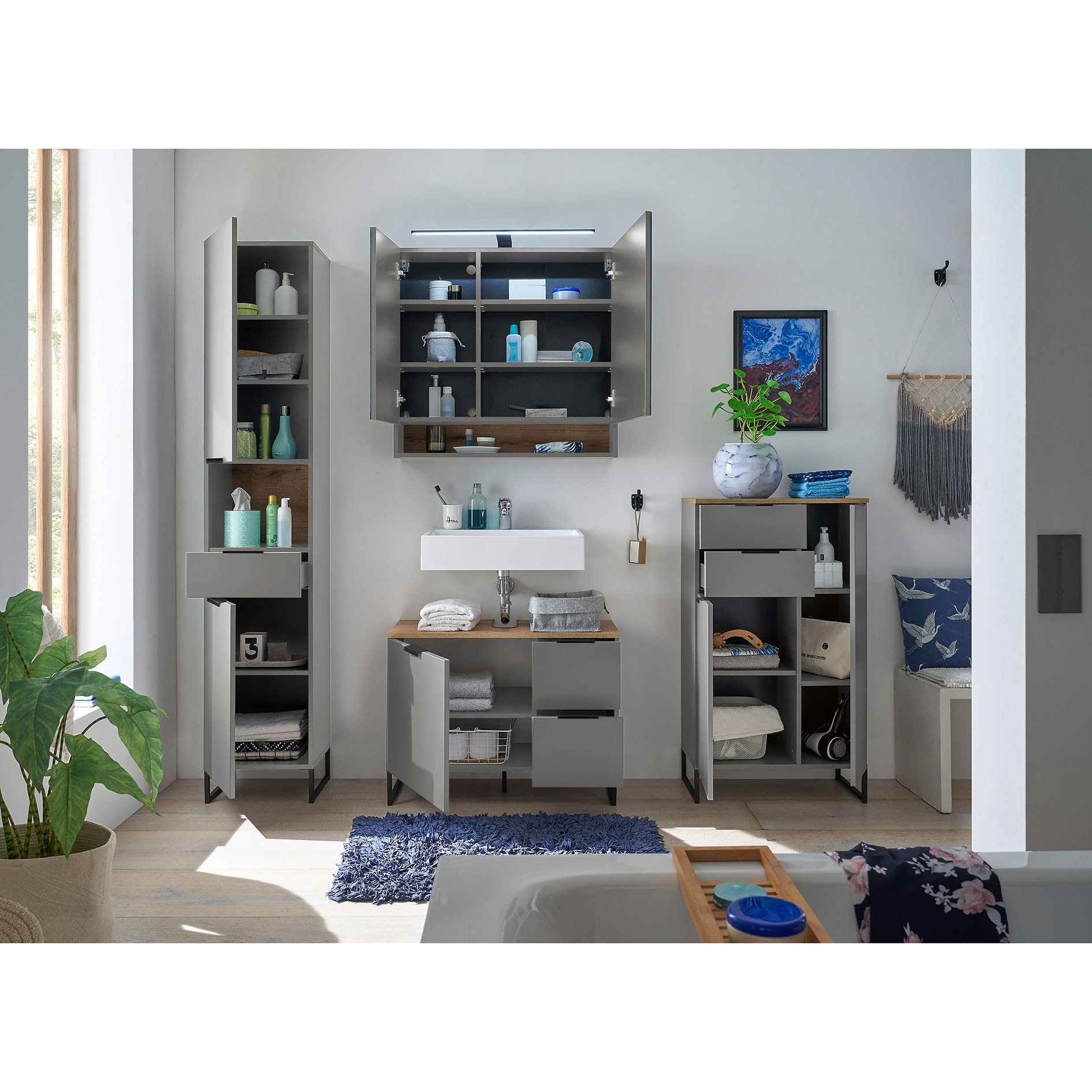 Waschbeckenunterschrank - grau matt - Evoke Eiche - 80 cm