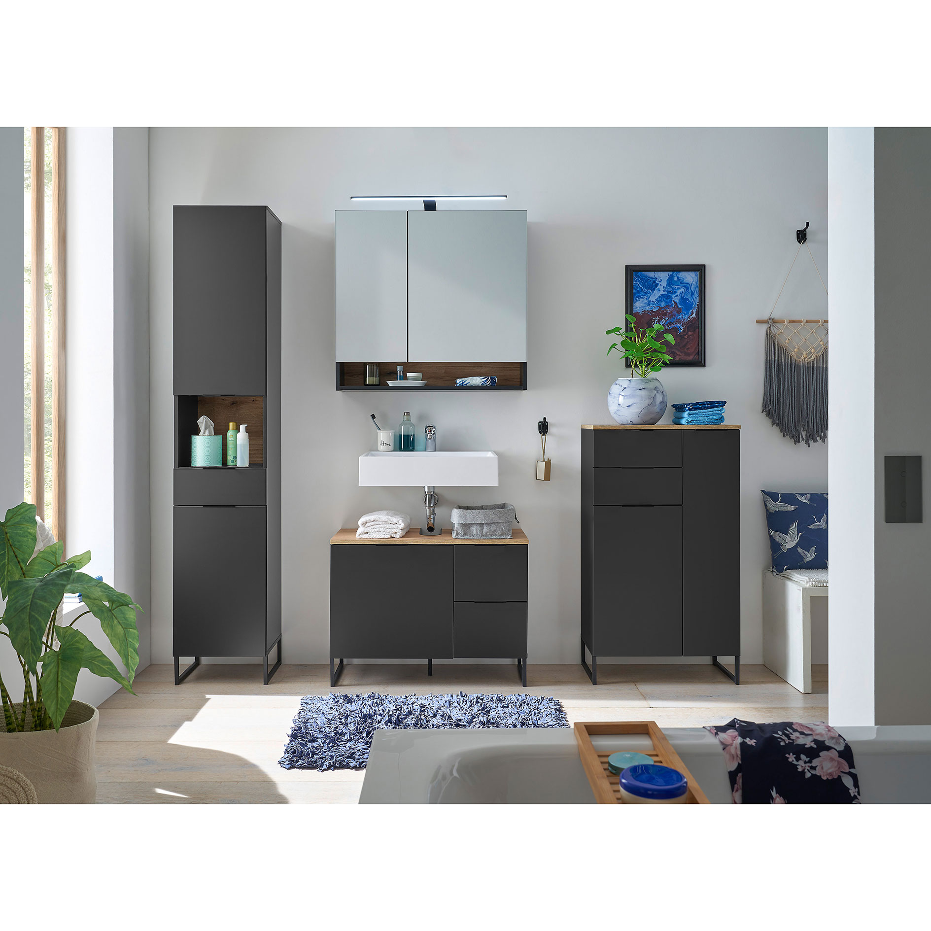 Waschbeckenunterschrank - schwarz matt - Evoke Eiche - 80 cm