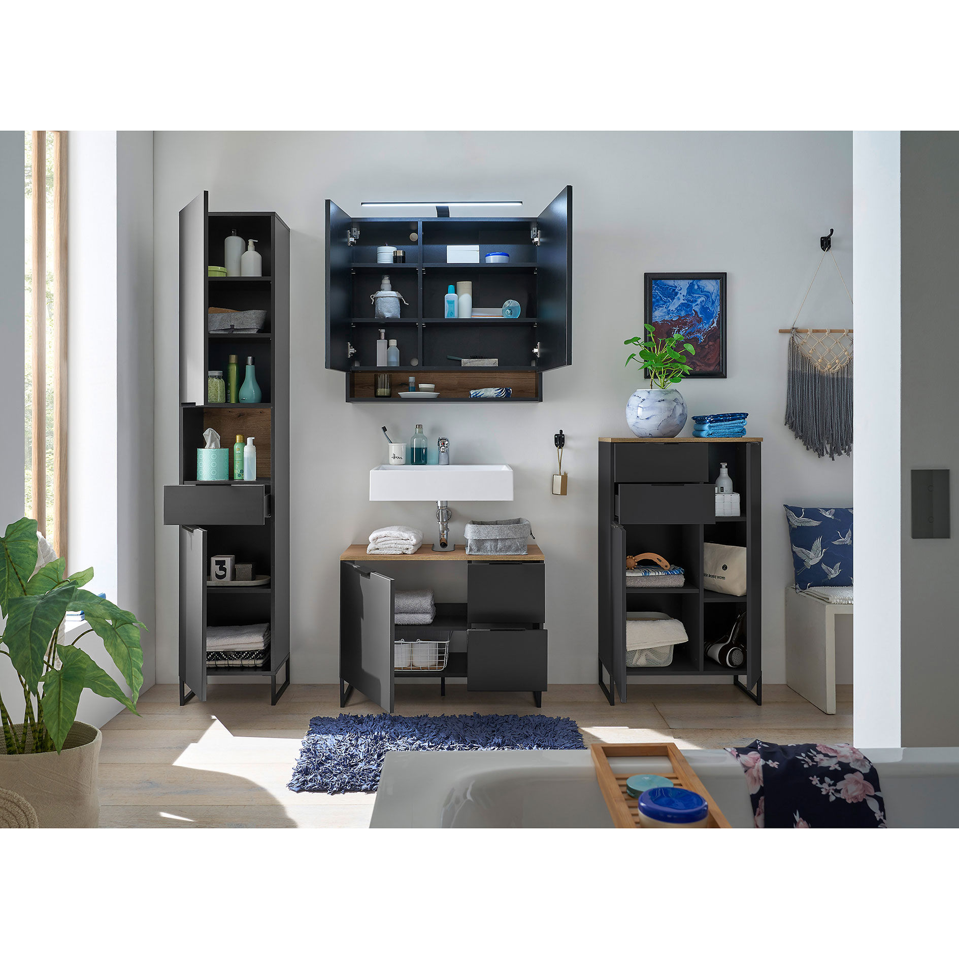 Waschbeckenunterschrank - schwarz matt - Evoke Eiche - 80 cm