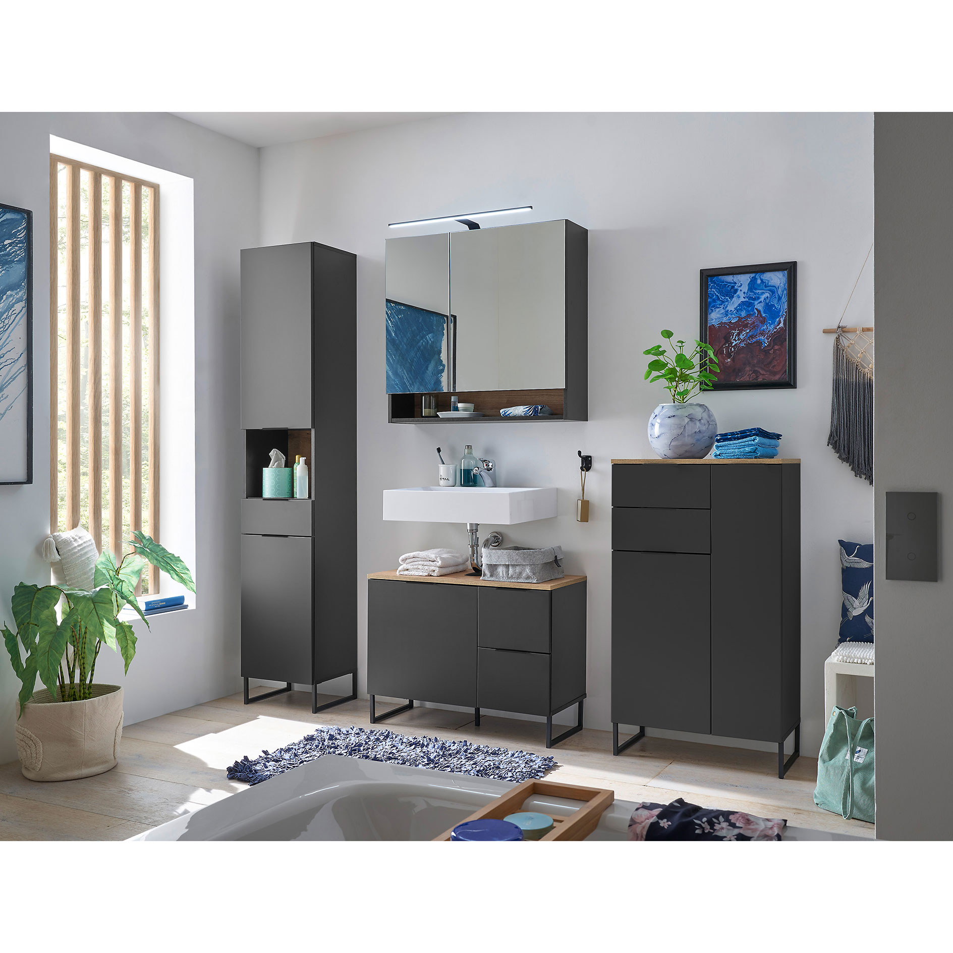 Waschbeckenunterschrank - schwarz matt - Evoke Eiche - 80 cm