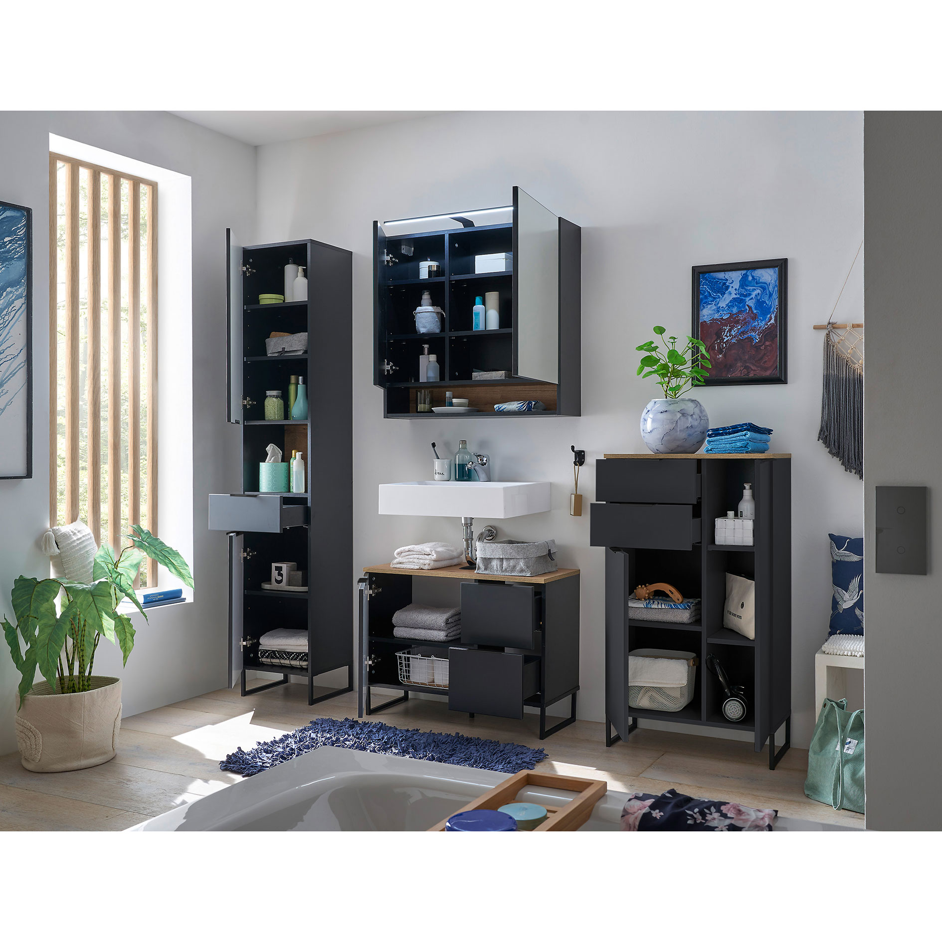 Waschbeckenunterschrank - schwarz matt - Evoke Eiche - 80 cm