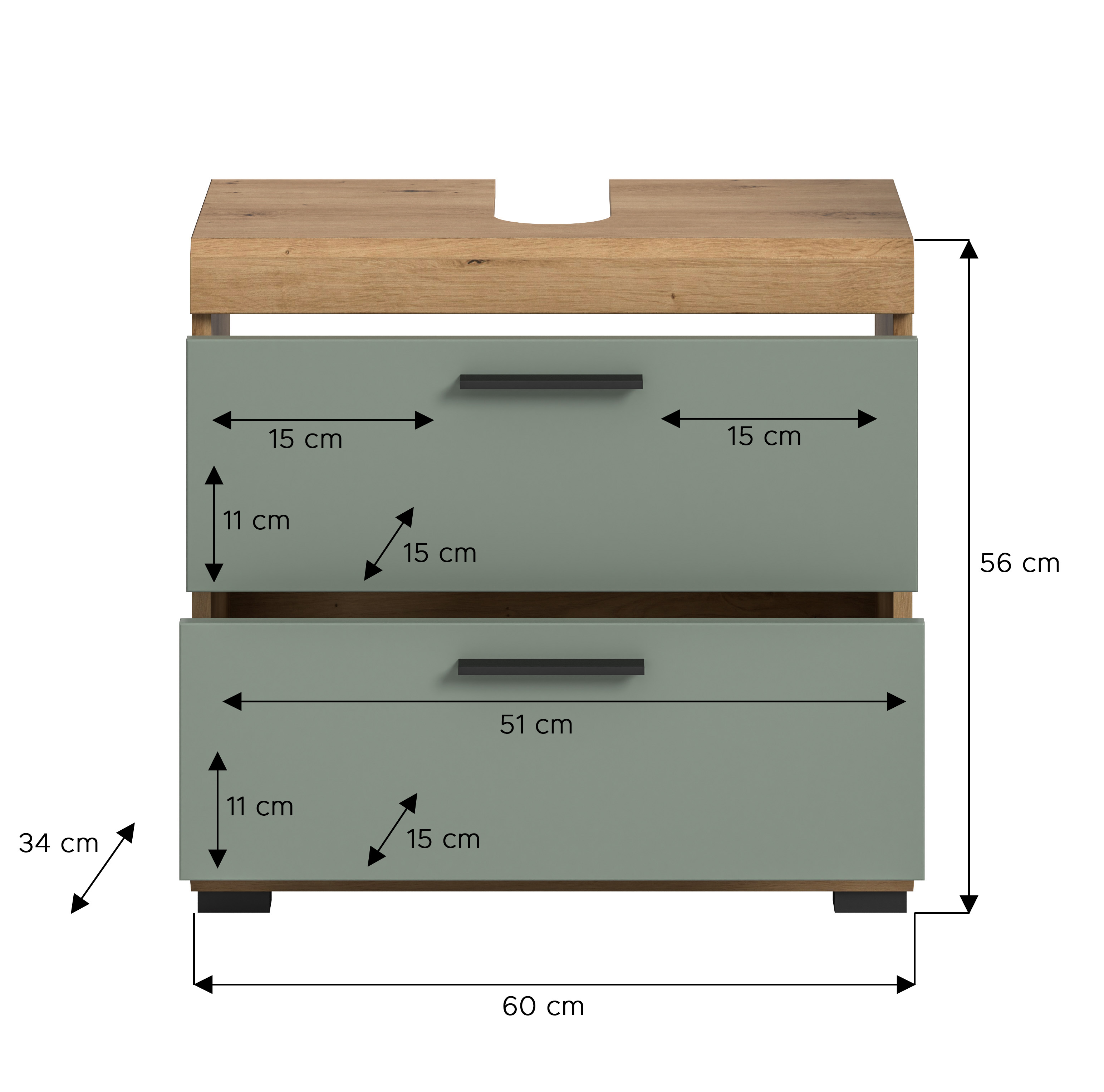 Waschbeckenunterschrank SCOUT - Salbei - Artisan Eiche - 2 Schubkästen