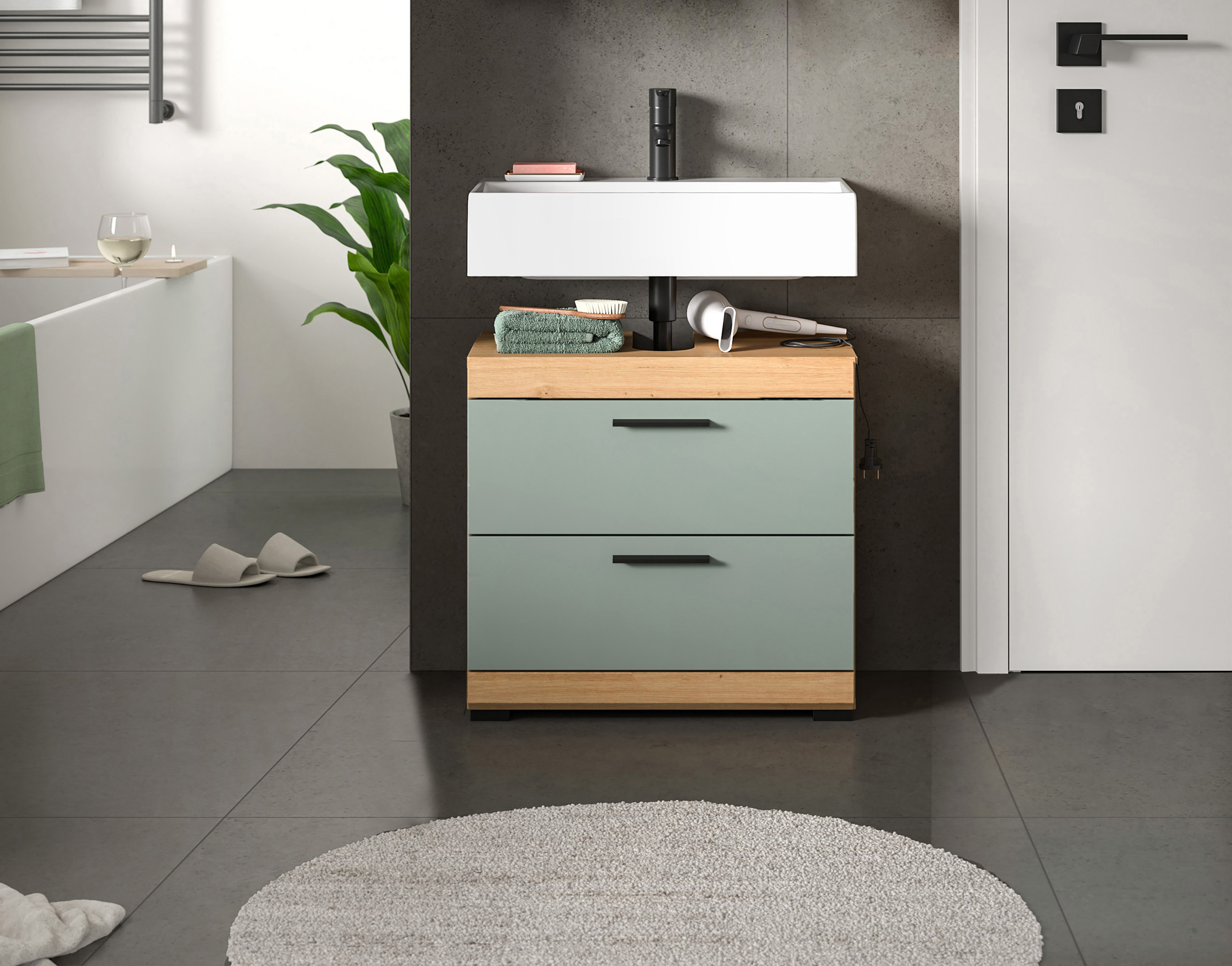 Waschbeckenunterschrank SCOUT - Salbei - Artisan Eiche - 2 Schubkästen