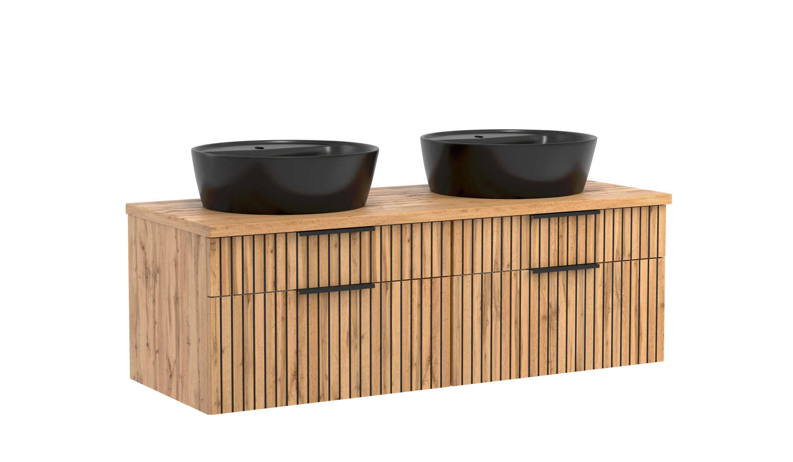 Waschtisch CHESTER - Wotaneiche - 2 schwarze Waschbecken - 120 cm