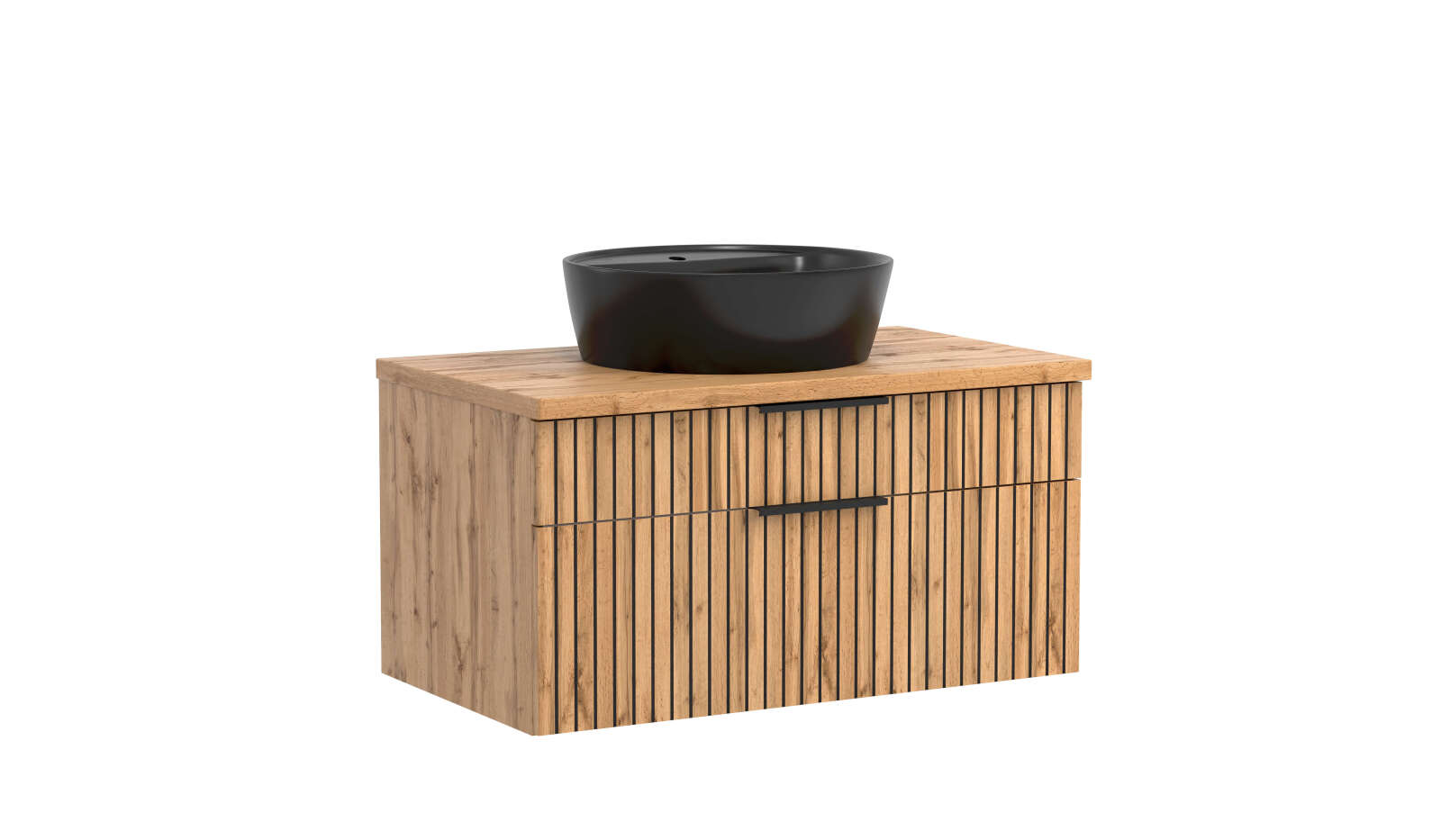 Waschtisch CHESTER - Wotaneiche - schwarzes Waschbecken rund - 80 cm