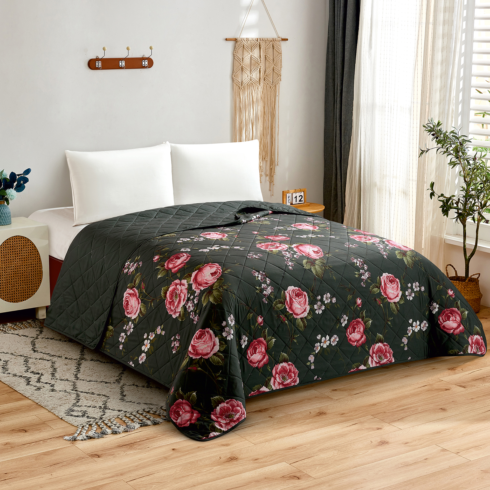 Wende-Tagesdecke - anthrazit-rosa - 220x240 cm