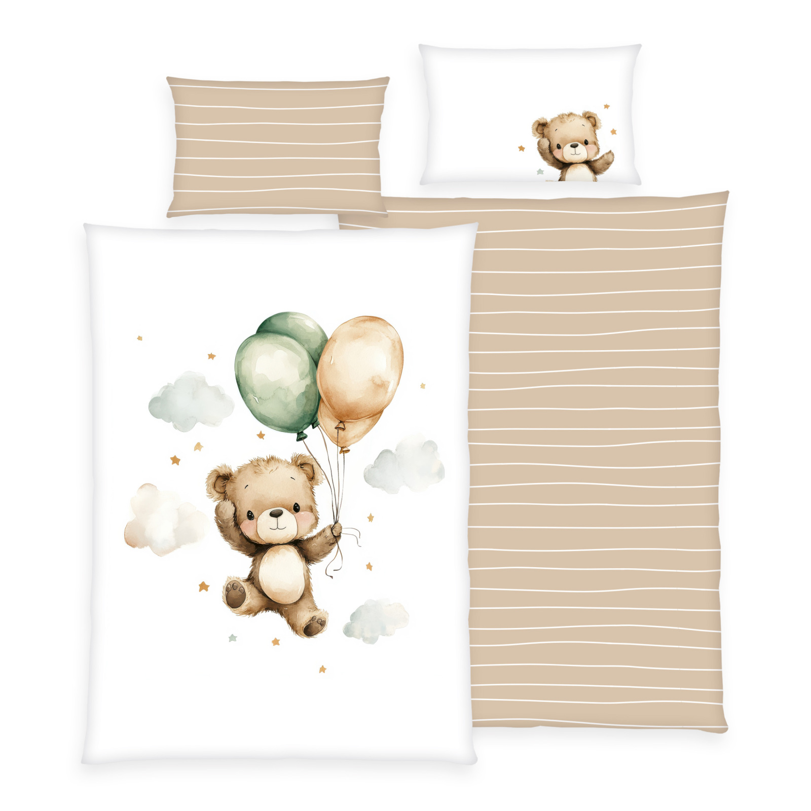 Wendebettwäsche BALLON TEDDY - braun-weiß - 100x135 cm