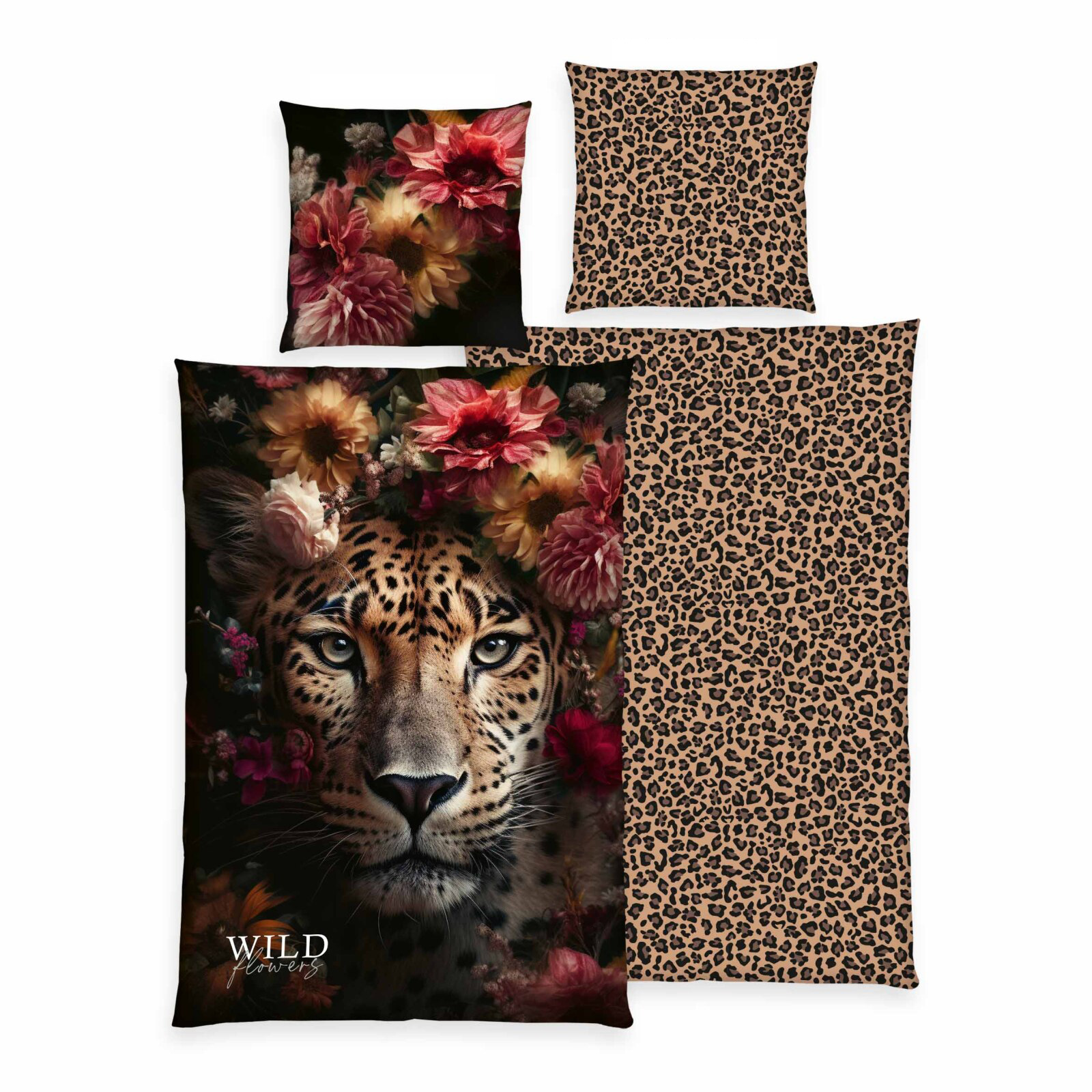 Wendebettwäsche WILD FLOWERS LEOPARD - bunt - 135x200 cm