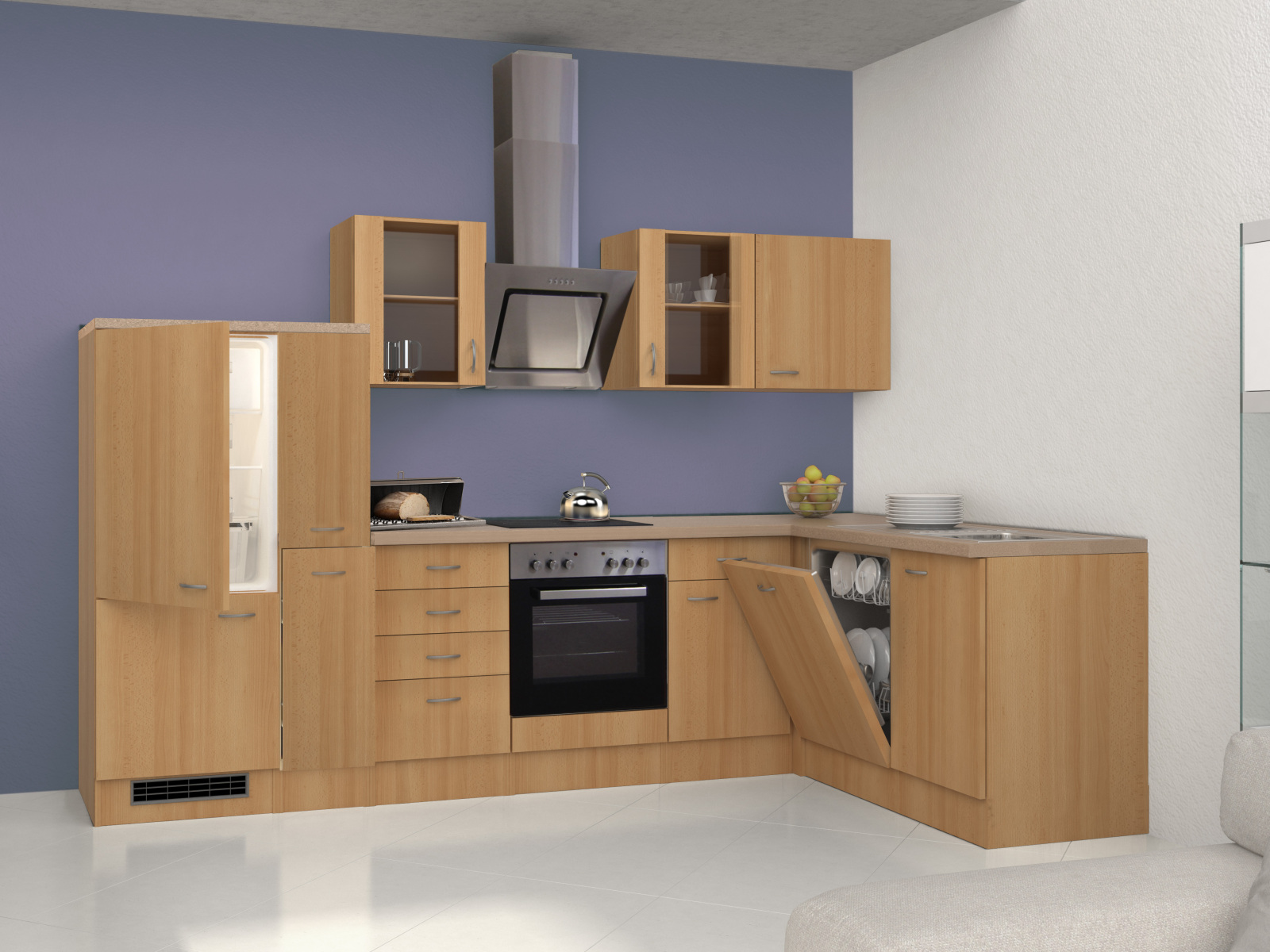 Winkelküche NANO - Buche - mit E-Geräten - 310x170 cm