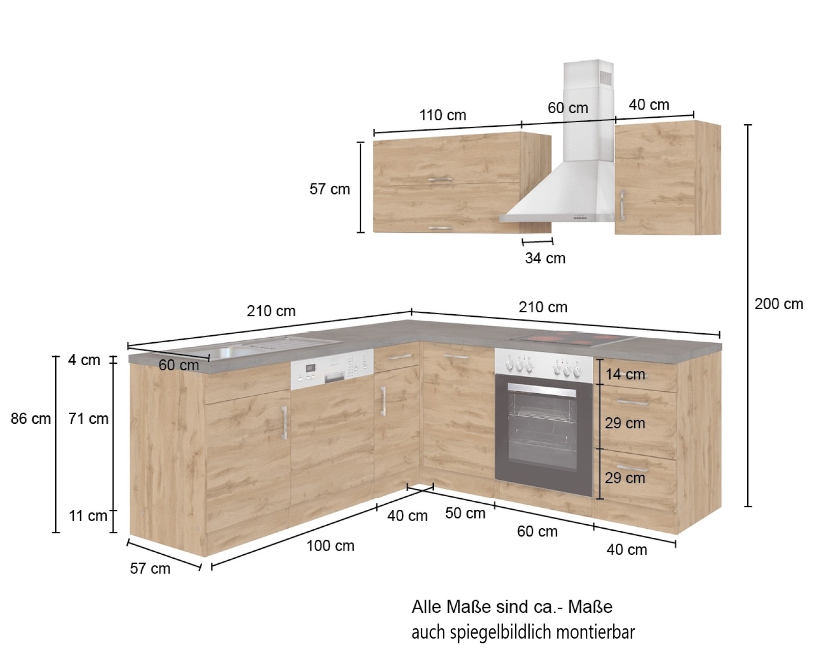 Winkelküche SORRENTO - Wotan-Eiche - mit E-Geräten - 210x210 cm