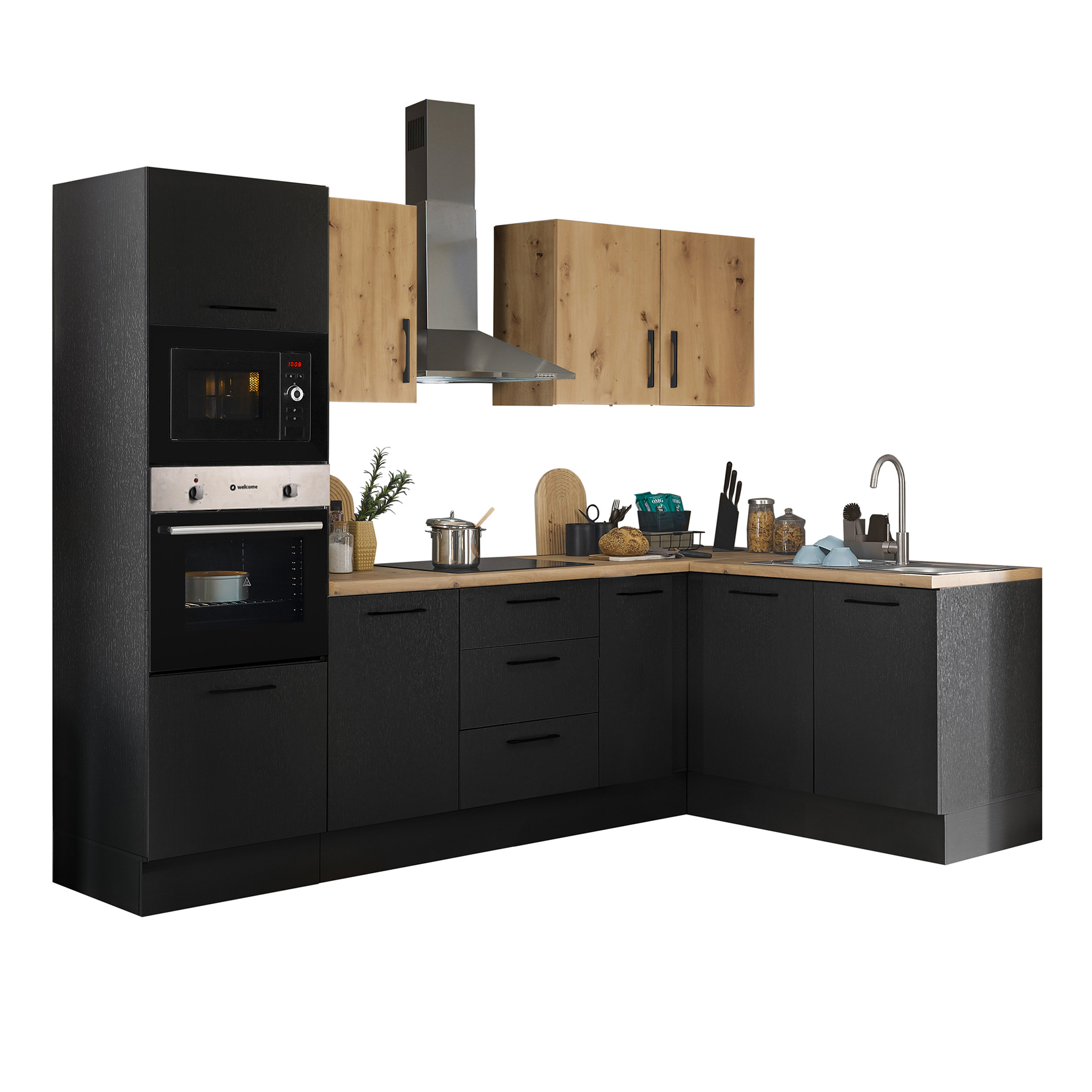 Winkelküche TURIN - schwarz matt - Artisan Eiche - mit E-Geräten - Edelstahlspüle - 270x175 cm