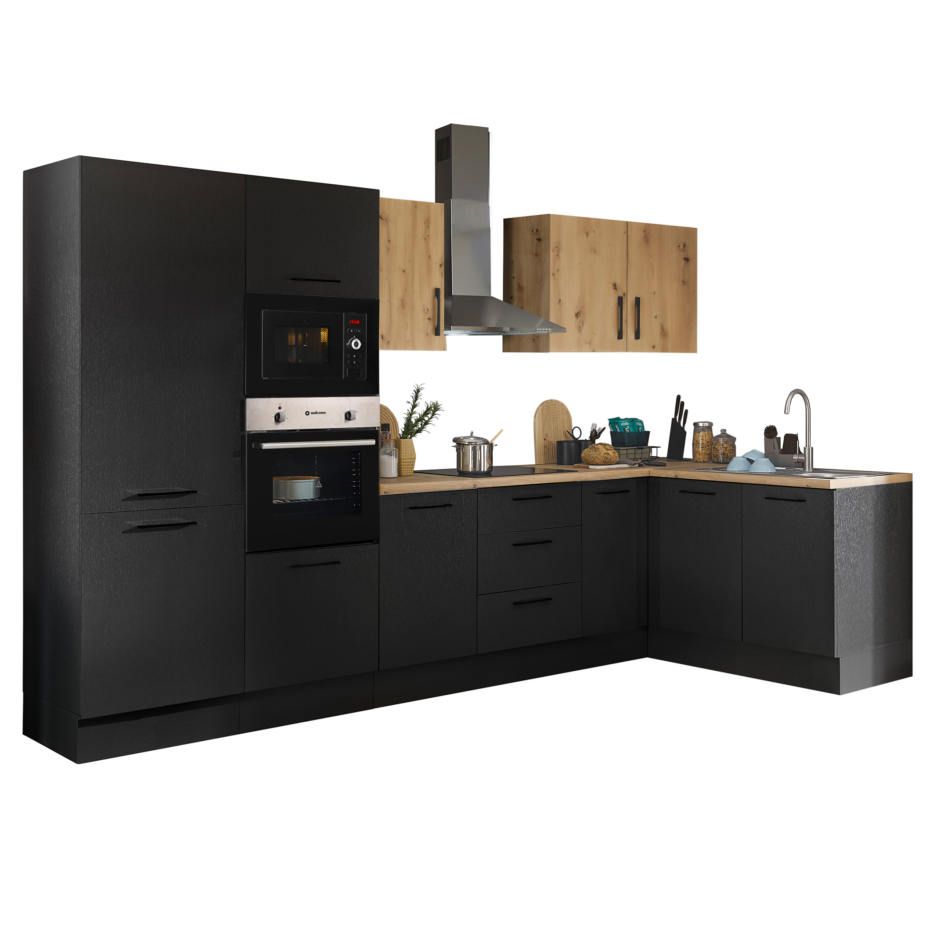Winkelküche TURIN - schwarz matt - Artisan Eiche - mit E-Geräten - Edelstahlspüle - 330x175 cm
