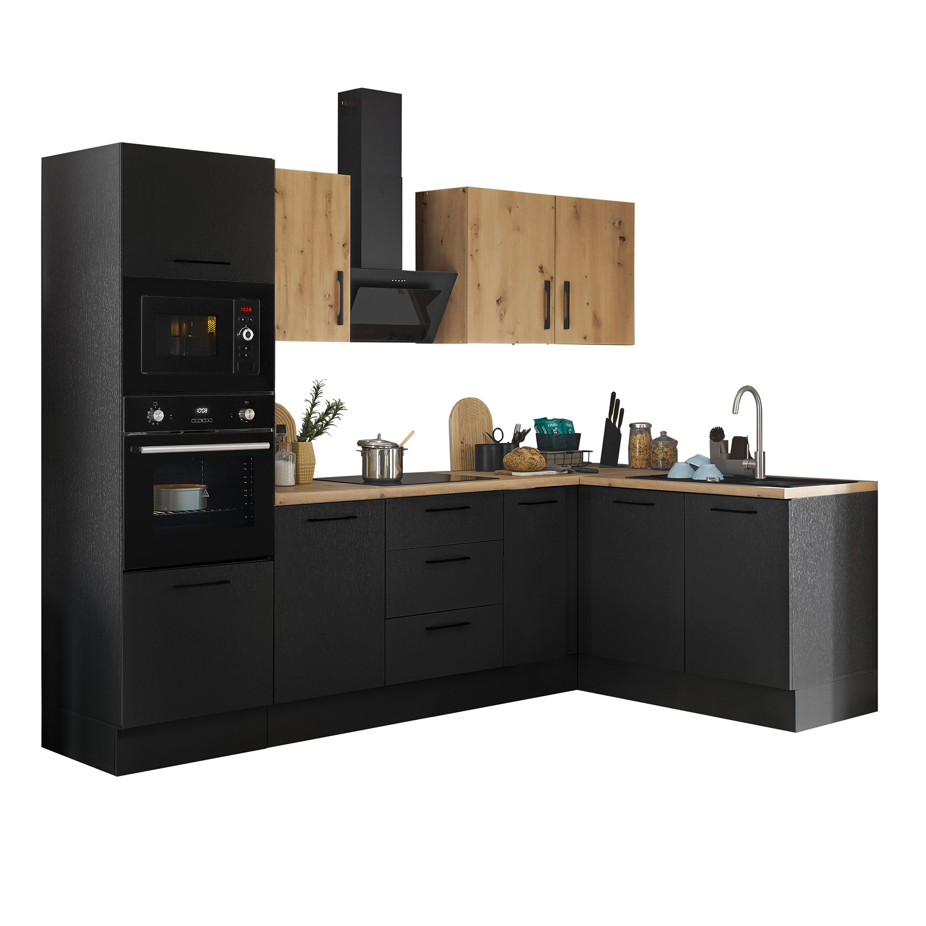 Winkelküche TURIN - schwarz matt - Artisan Eiche - mit E-Geräten - Granitspüle - 270x175 cm