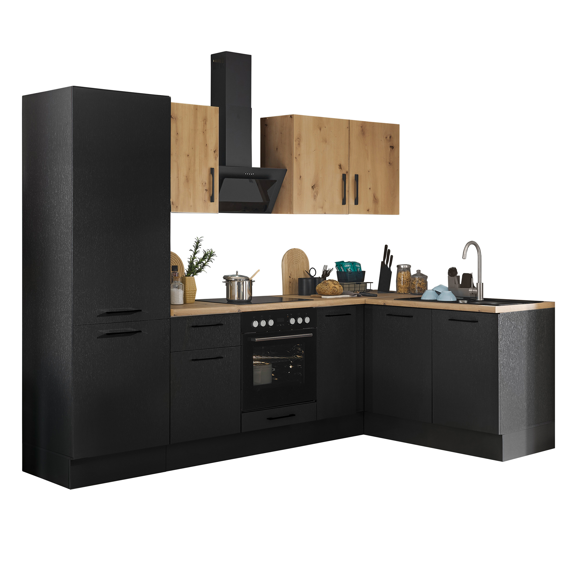 Winkelküche TURIN - schwarz matt - Artisan Eiche - mit E-Geräten - Granitspüle - 270x175 cm