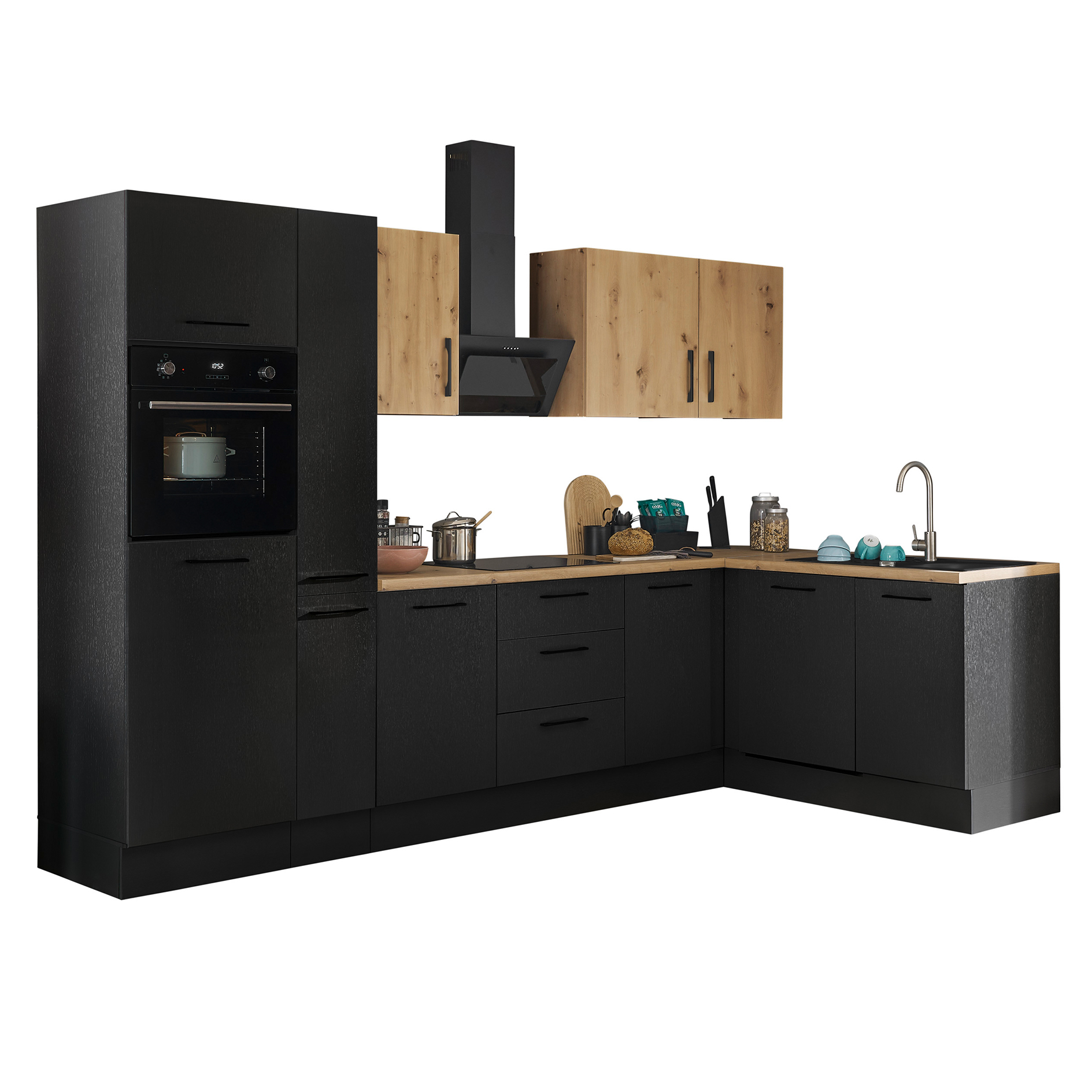Winkelküche TURIN - schwarz matt - Artisan Eiche - mit E-Geräten - Granitspüle - 310x175 cm