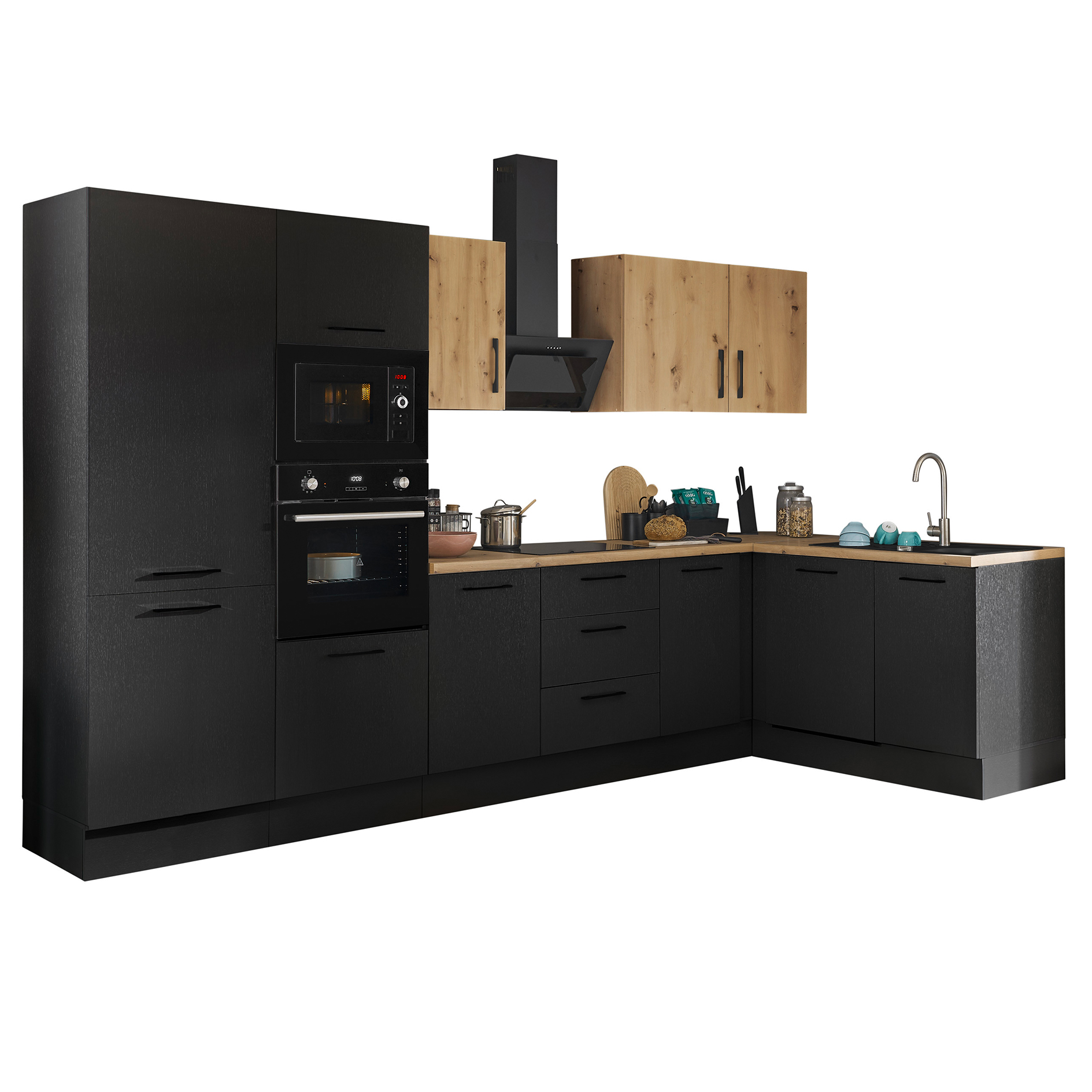 Winkelküche TURIN - schwarz matt - Artisan Eiche - mit E-Geräten - Granitspüle - 340x175 cm