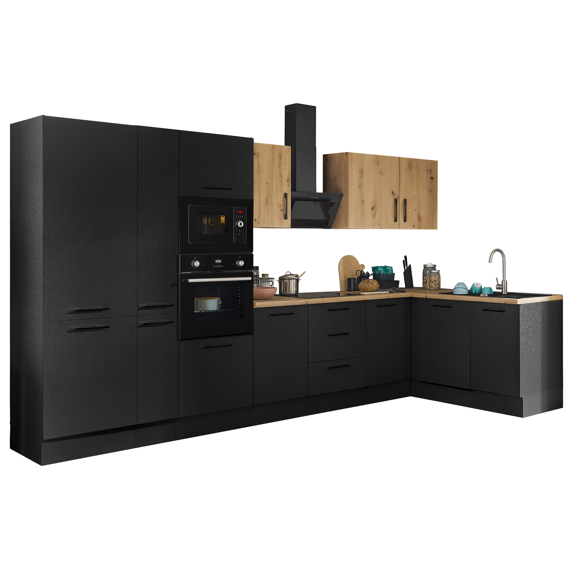 Winkelküche TURIN - schwarz matt - Artisan Eiche - mit E-Geräten - Granitspüle - 370x175 cm