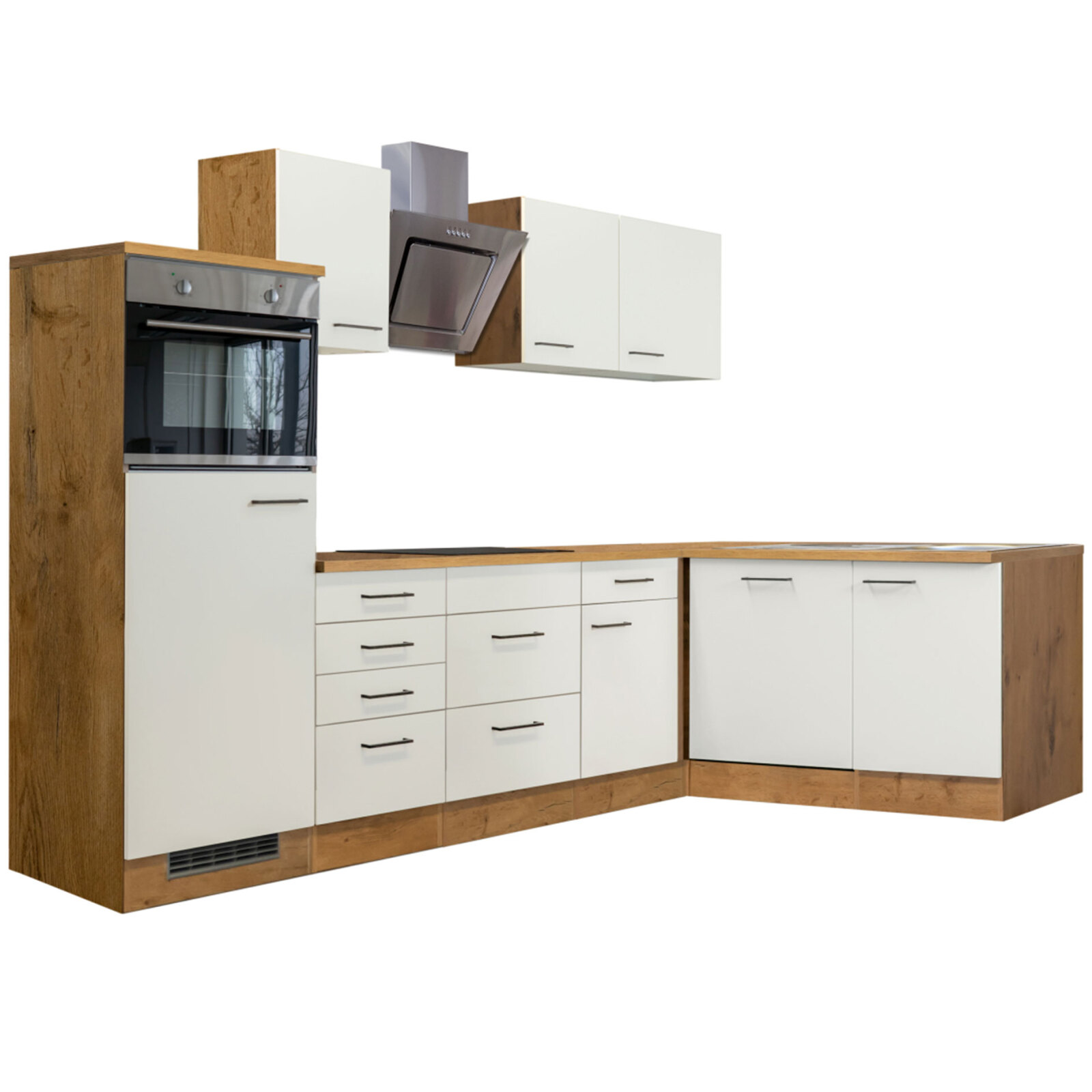 Winkelküche VINTEA - Magnolia matt - Lancelot Oak - mit E-Geräten - 280x170 cm