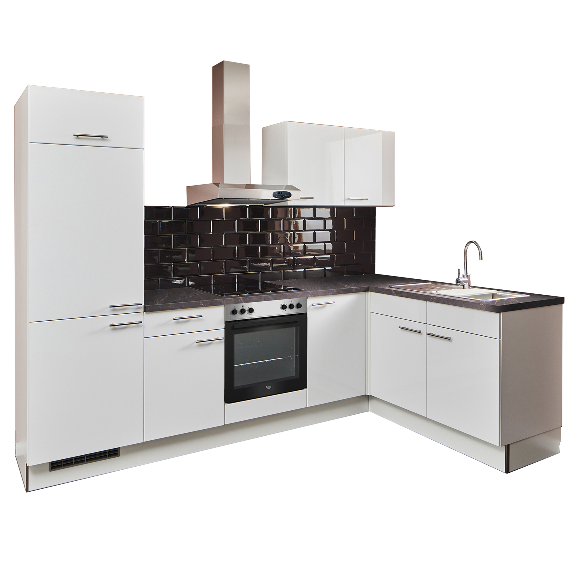 Winkelküche - weiß Hochglanz - Marmor grau - Kühlschrank links - 165x285 cm
