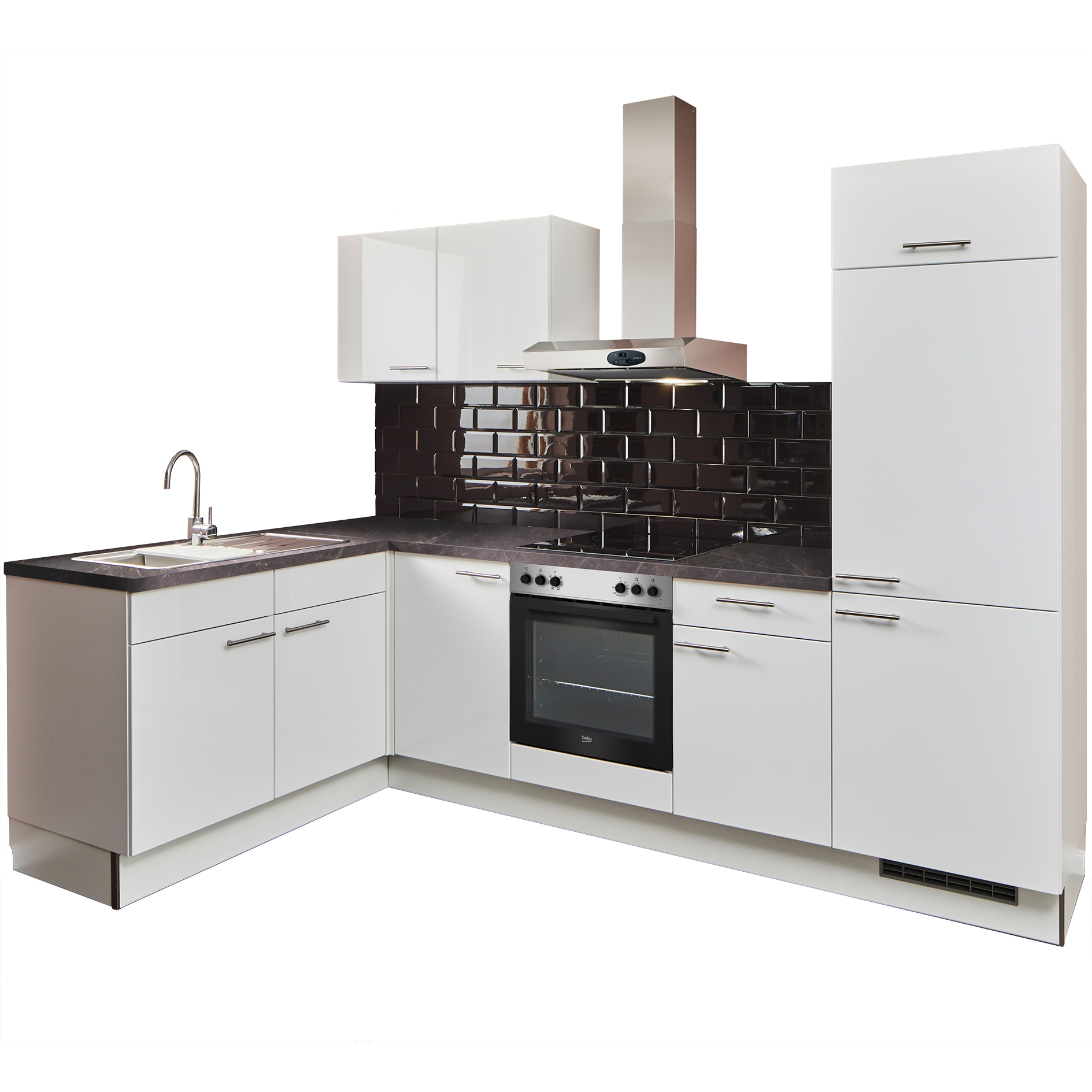 Winkelküche - weiß Hochglanz - Marmor grau - Kühlschrank rechts - 165x285 cm