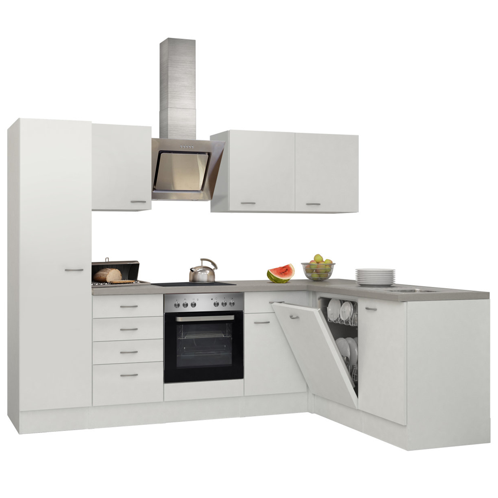 Winkelküche WITO - weiß-grau - mit E-Geräten - 270x170 cm