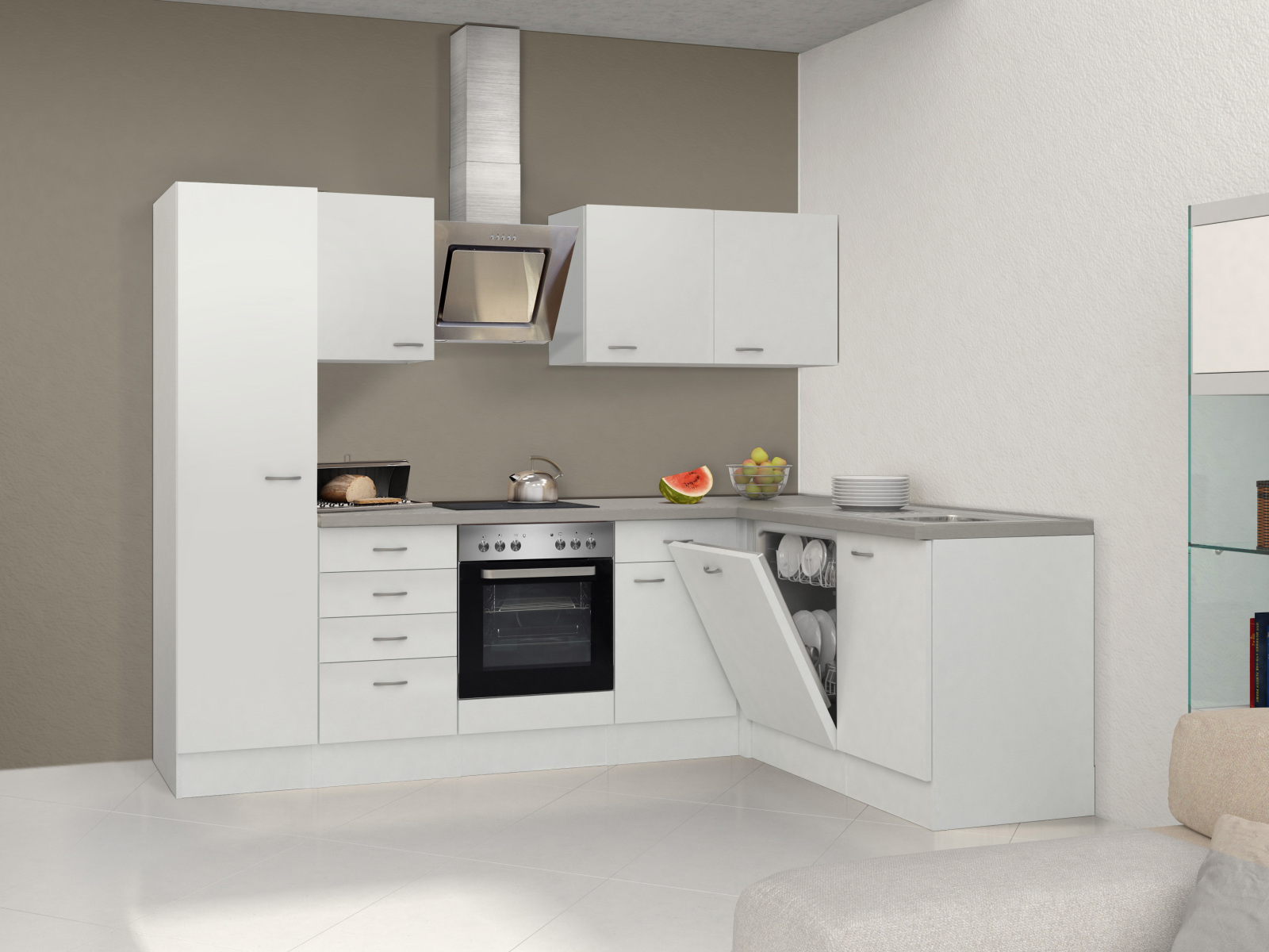 Winkelküche WITO - weiß-grau - mit E-Geräten - 270x170 cm