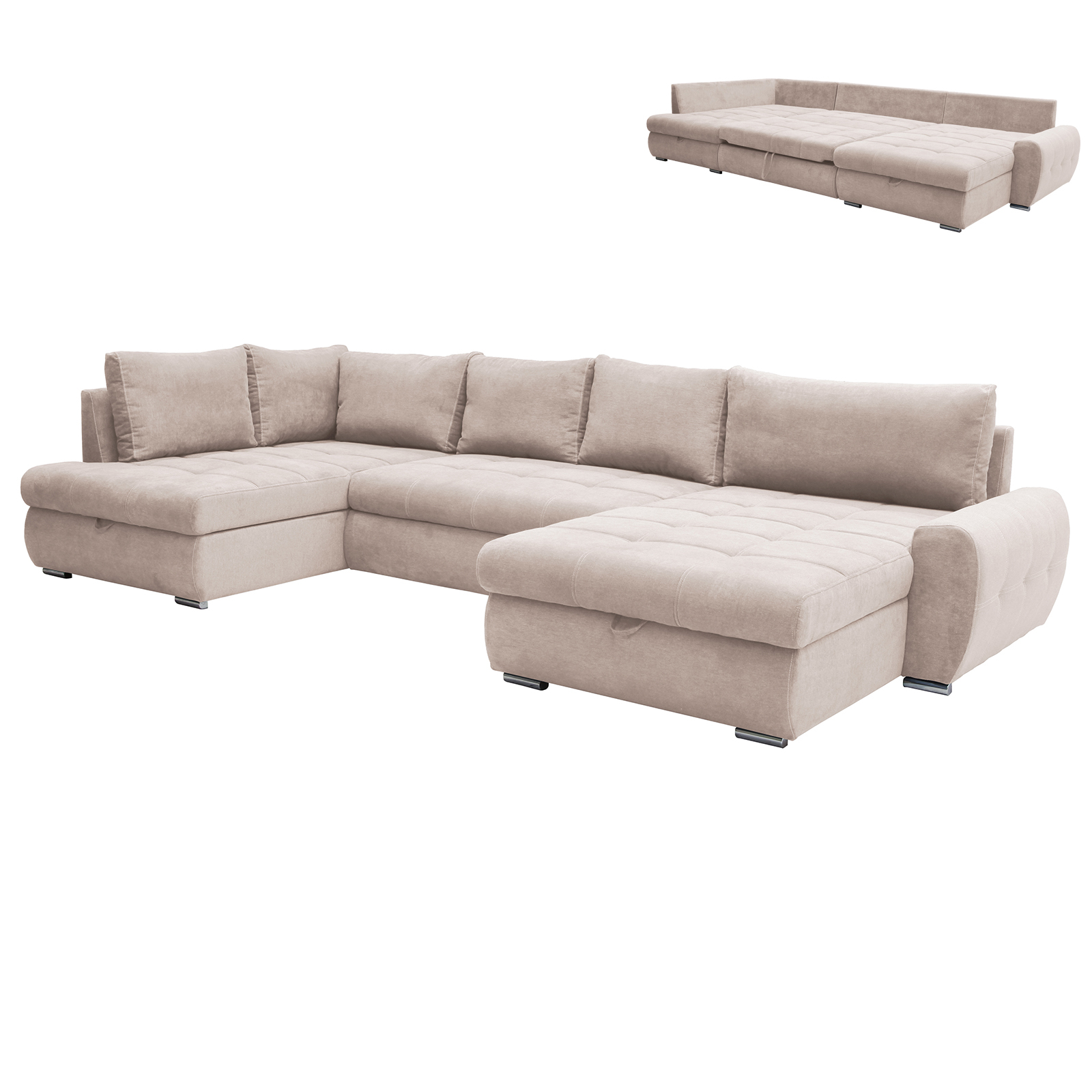 Wohnlandschaft - beige - 2 Staukästen - Ottomane rechts
