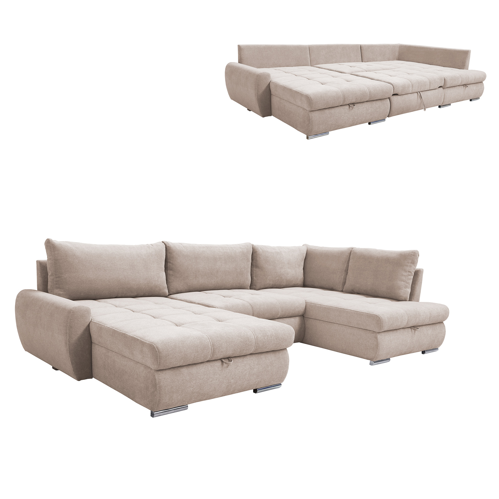 Wohnlandschaft - beige - mit Liegefunktion und Staukasten - Ottomane links