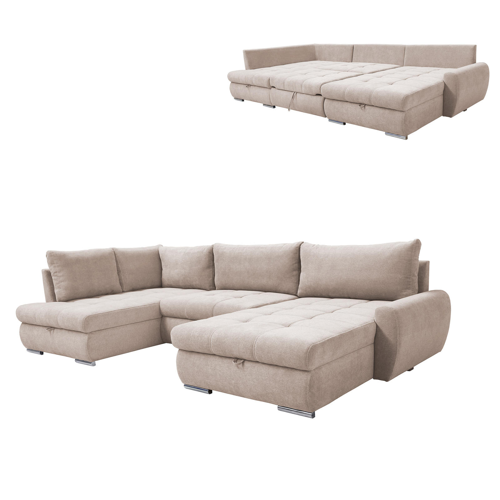 Wohnlandschaft - beige - mit Liegefunktion und Staukasten - Ottomane rechts