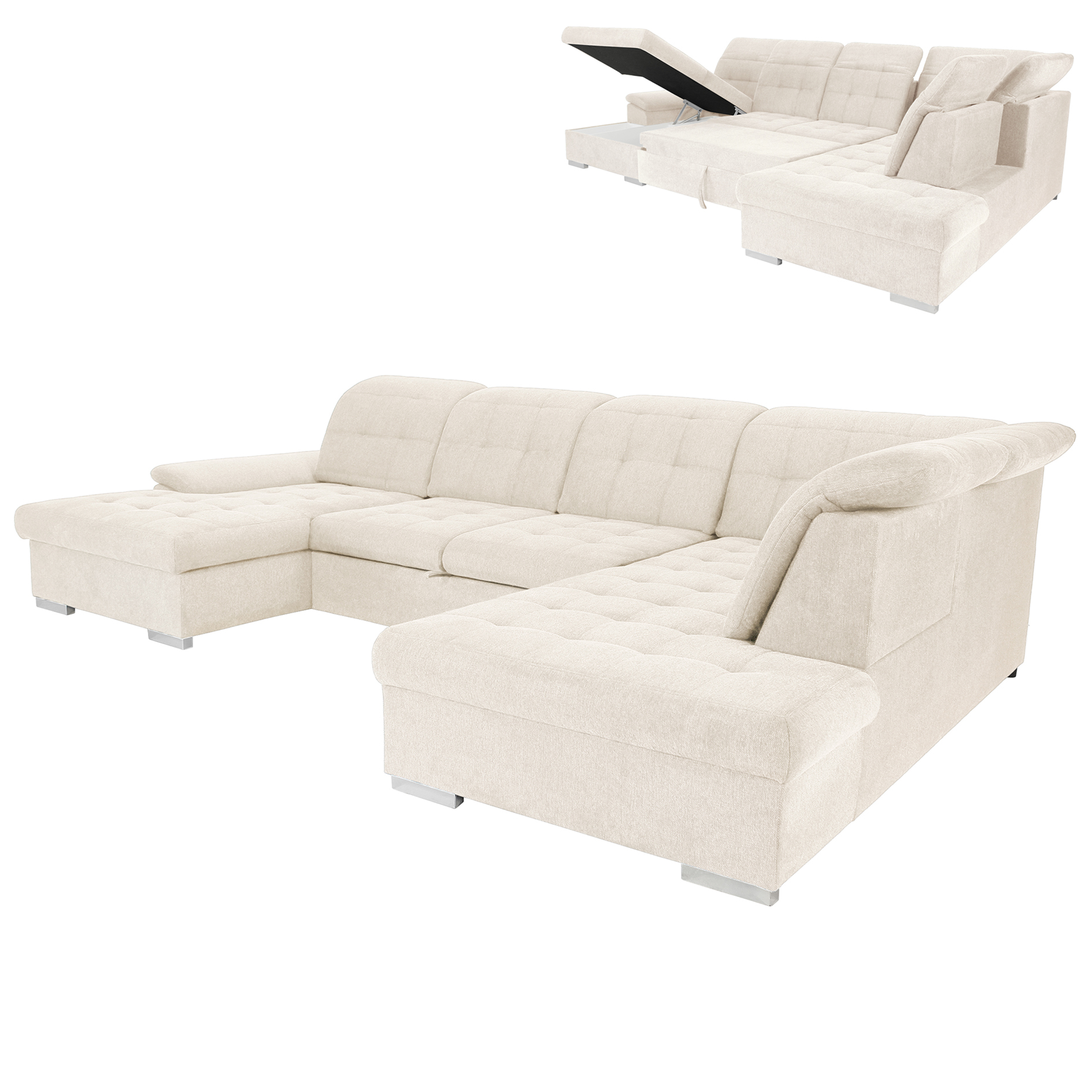 Wohnlandschaft - cream - Liegefunktion - Staukasten - Recamiere links