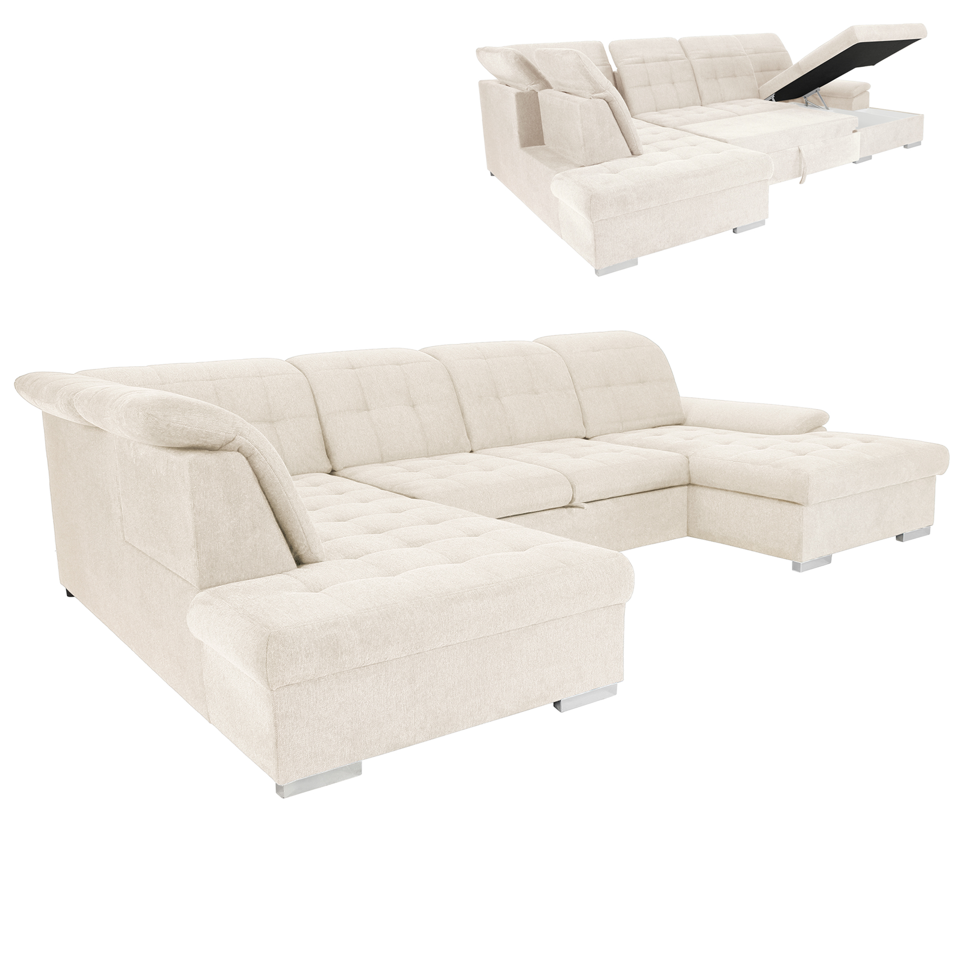 Wohnlandschaft - cream - Liegefunktion - Staukasten - Recamiere rechts