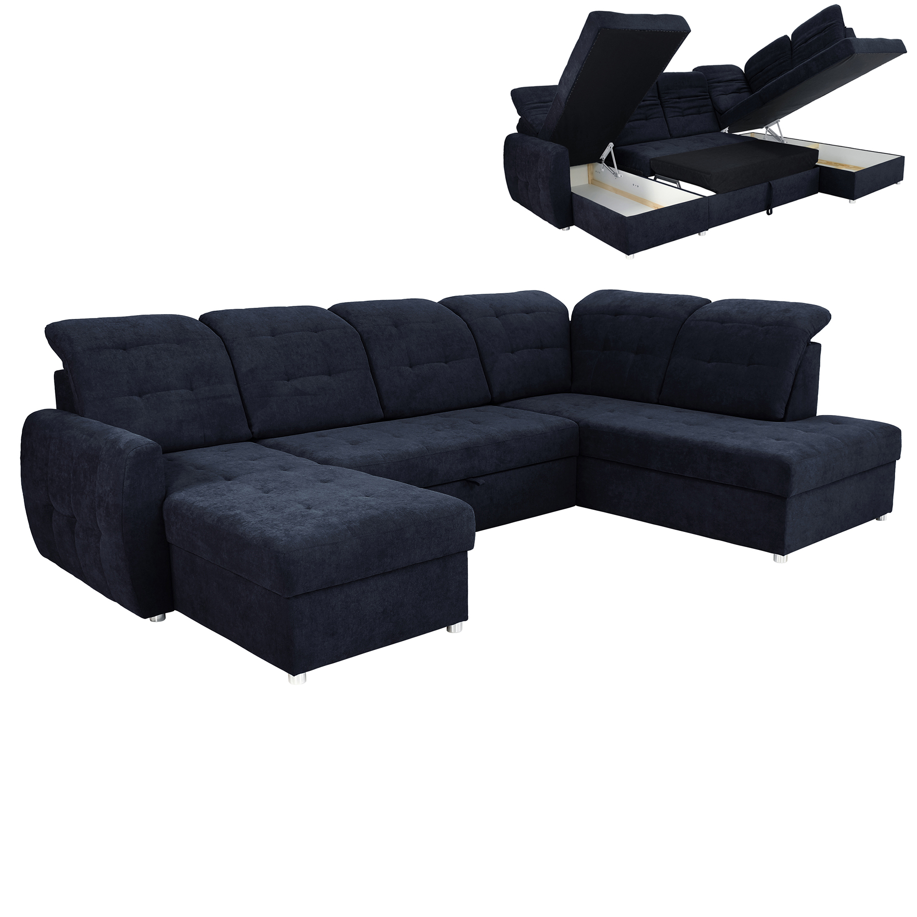 Wohnlandschaft - deep blue - 2 Staukästen - Recamiere links