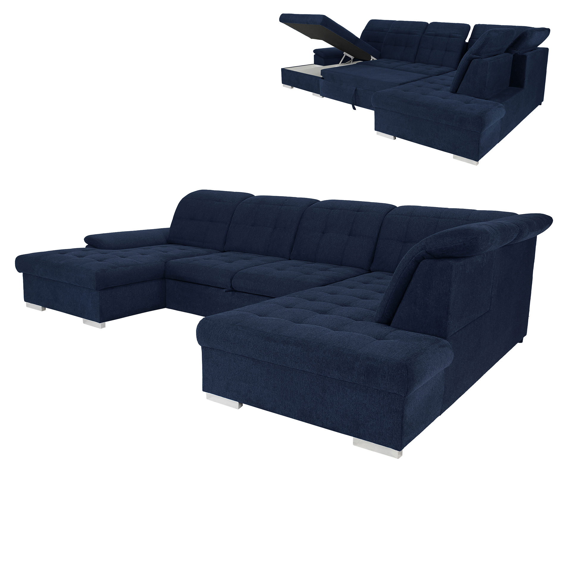 Wohnlandschaft - deep blue - Liegefunktion - Staukasten - Recamiere links